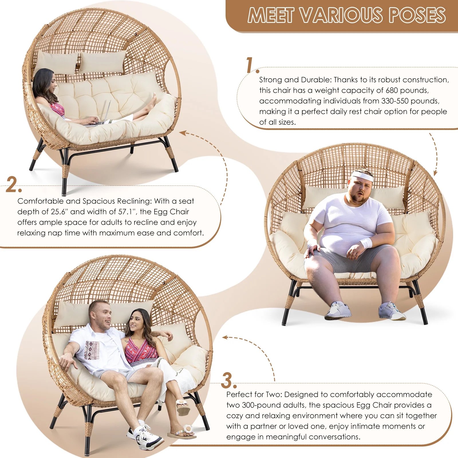 Double Egg Chair for 2 Person, Oversized Wicker Loveseat with Thick Cushions, 680 lbs Capacity, Indoor Outdoor Stationary Patio Lounge Chair for Balcony, Garden, Beige(Beige/No Ottomans) - Image 6