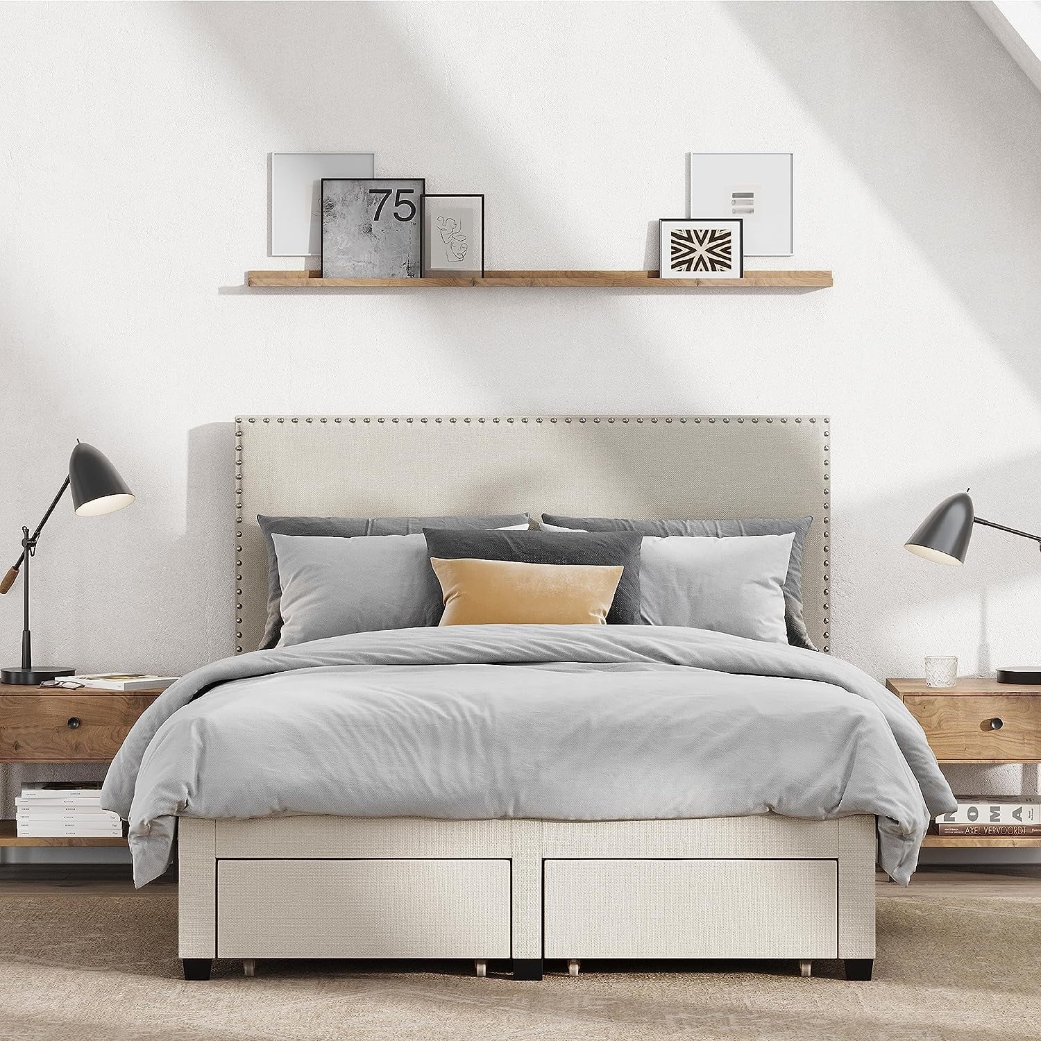 DG Casa Lucas Nailhead Trim Upholstered Platform Bed Frame with Storage, Queen Size, Beige