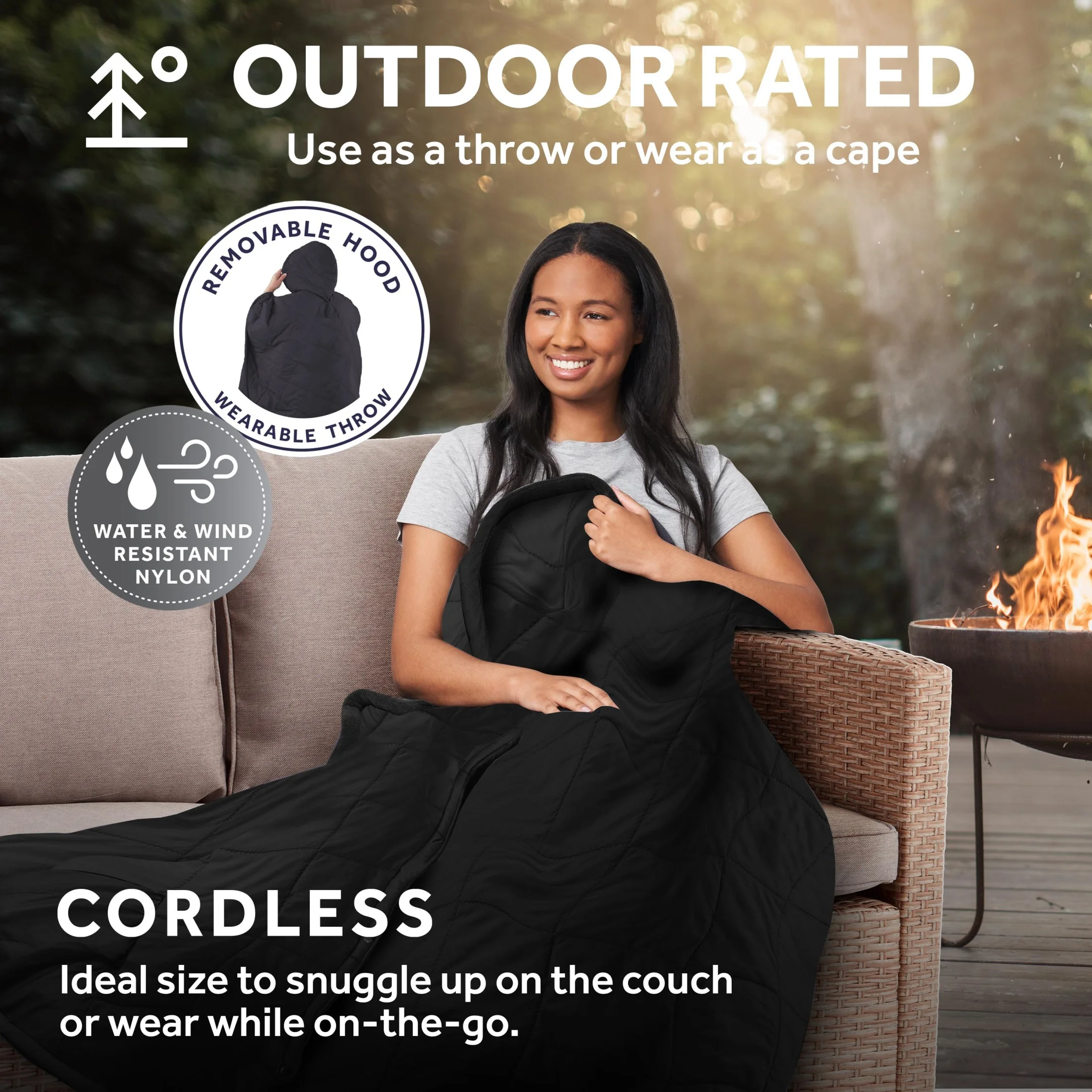 On-the-Go Cordless Heated Throw Blanket with Hood Black Nylon/Microplush 50x66(Black) - Image 7