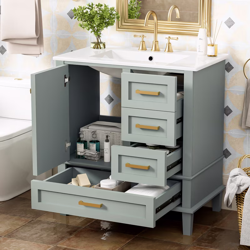 30" Bathroom Vanity with Sink, Modern bathroom sink cabinet with Soft-Close storage Drawers, Freestanding Vanity with Ceramic Top (Green)(Green) - Image 7