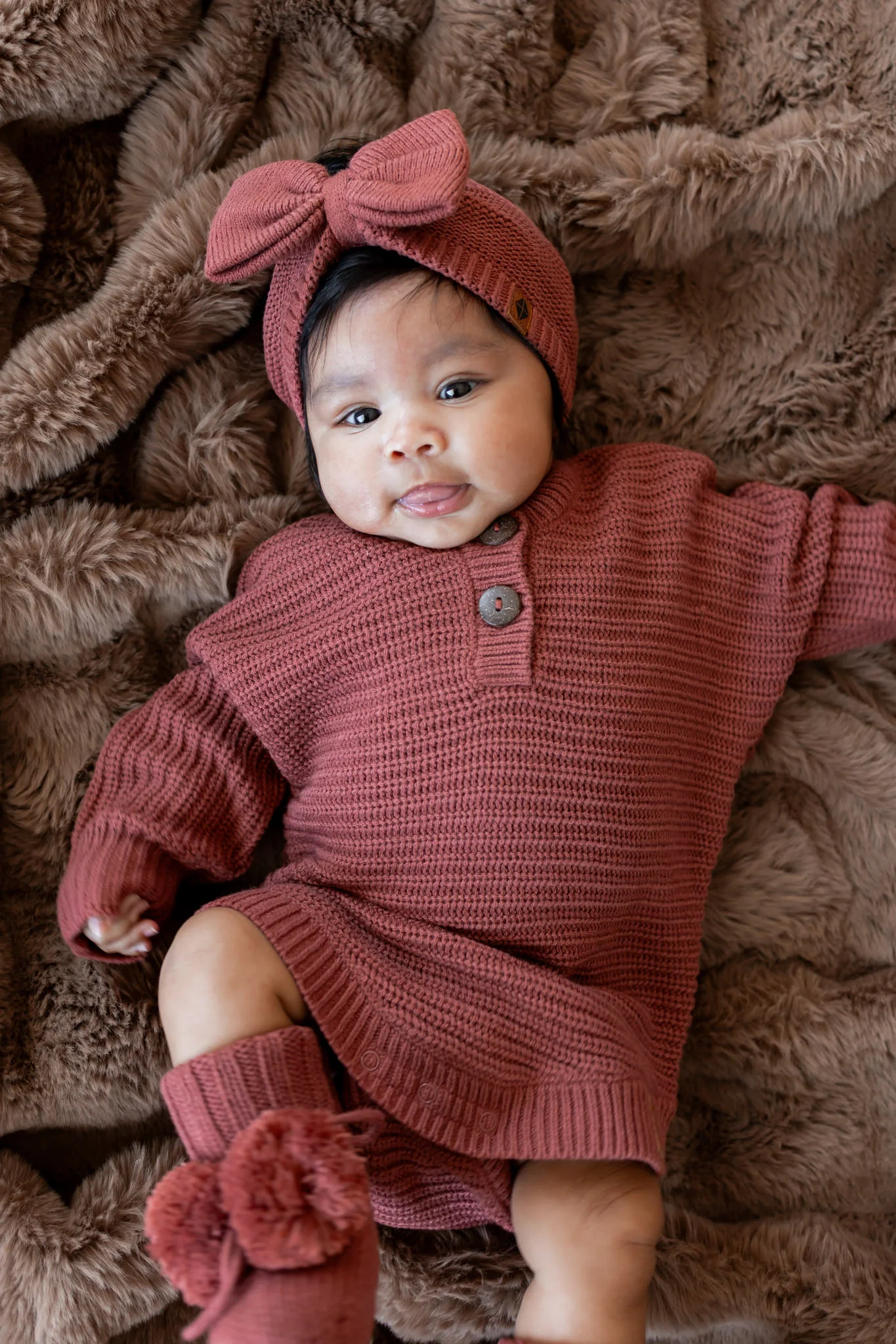 Chunky Knit Romper Set with Bow & Booties in Ember