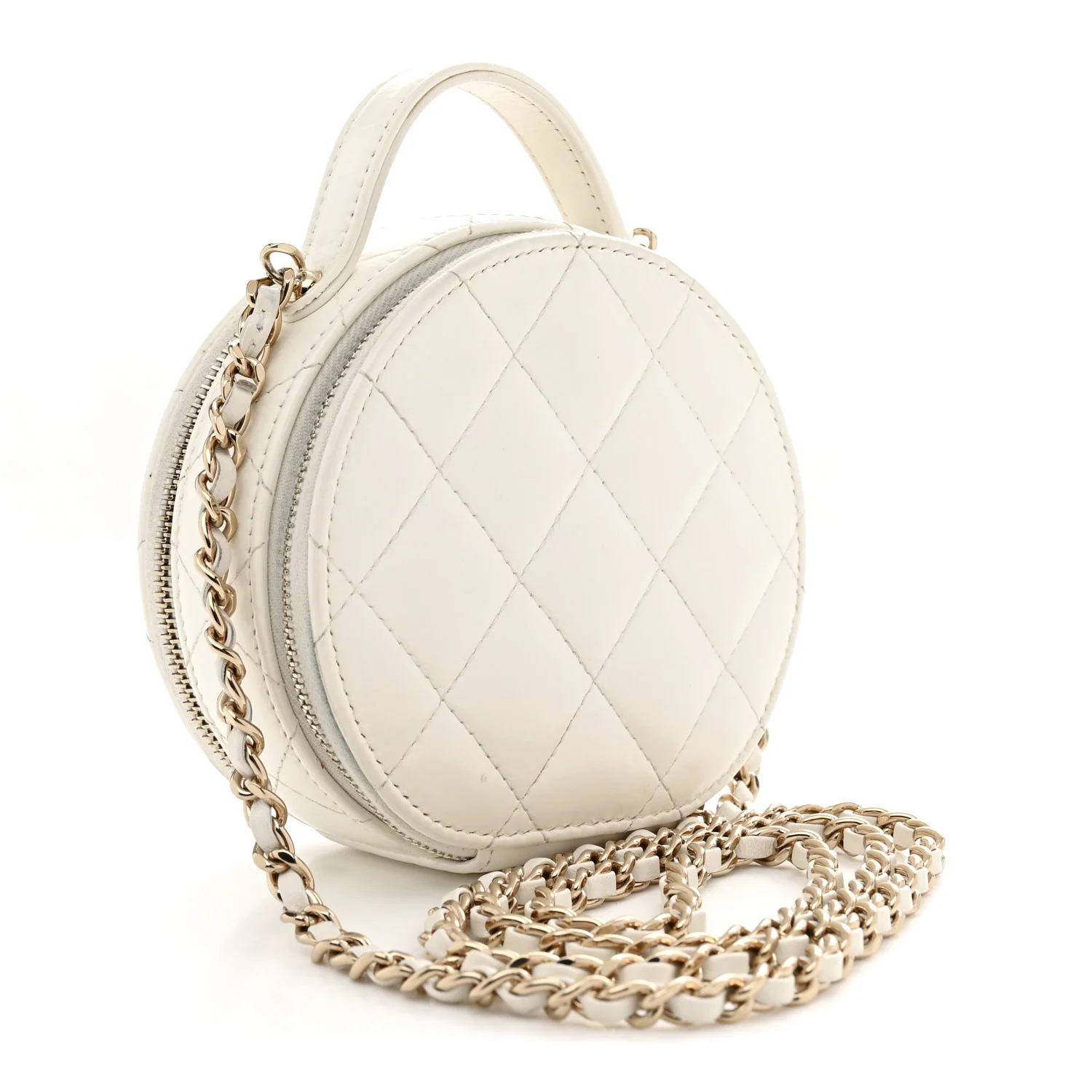 Lambskin Quilted Round Handle With Care Vanity With Chain White