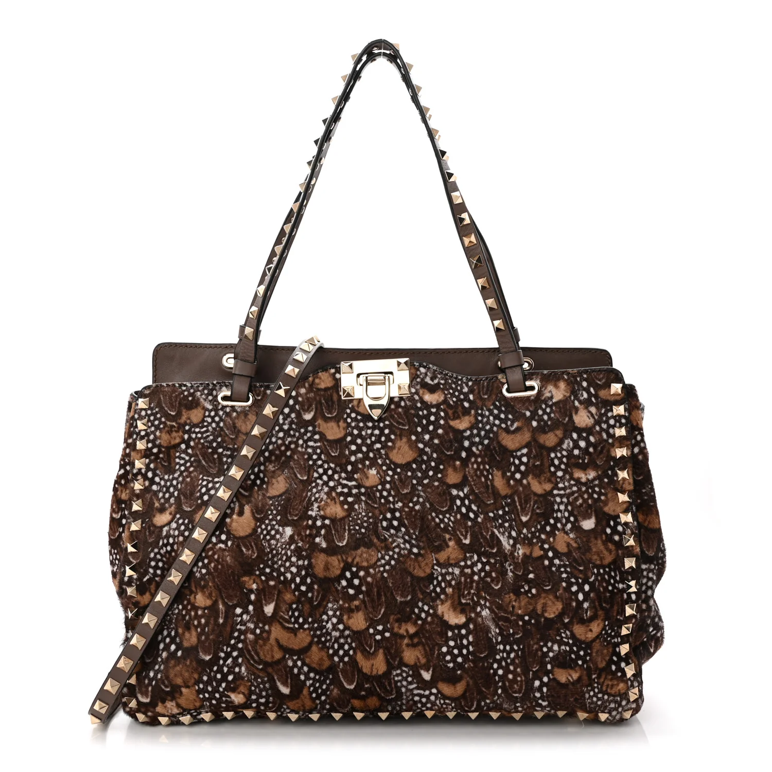 Calf Hair Feather Medium Rockstud Tote Brown