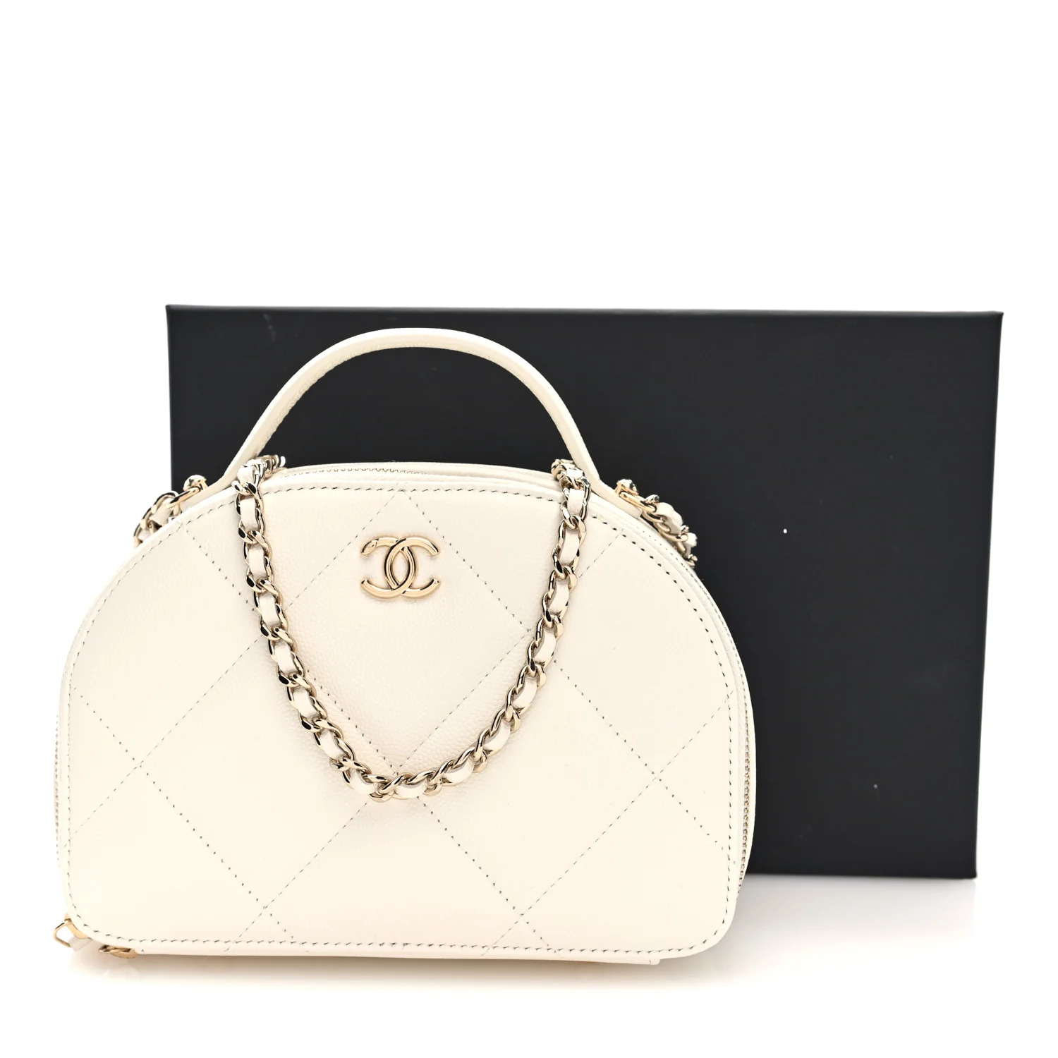 Grained Calfskin Quilted Top Handle Chain Clutch White