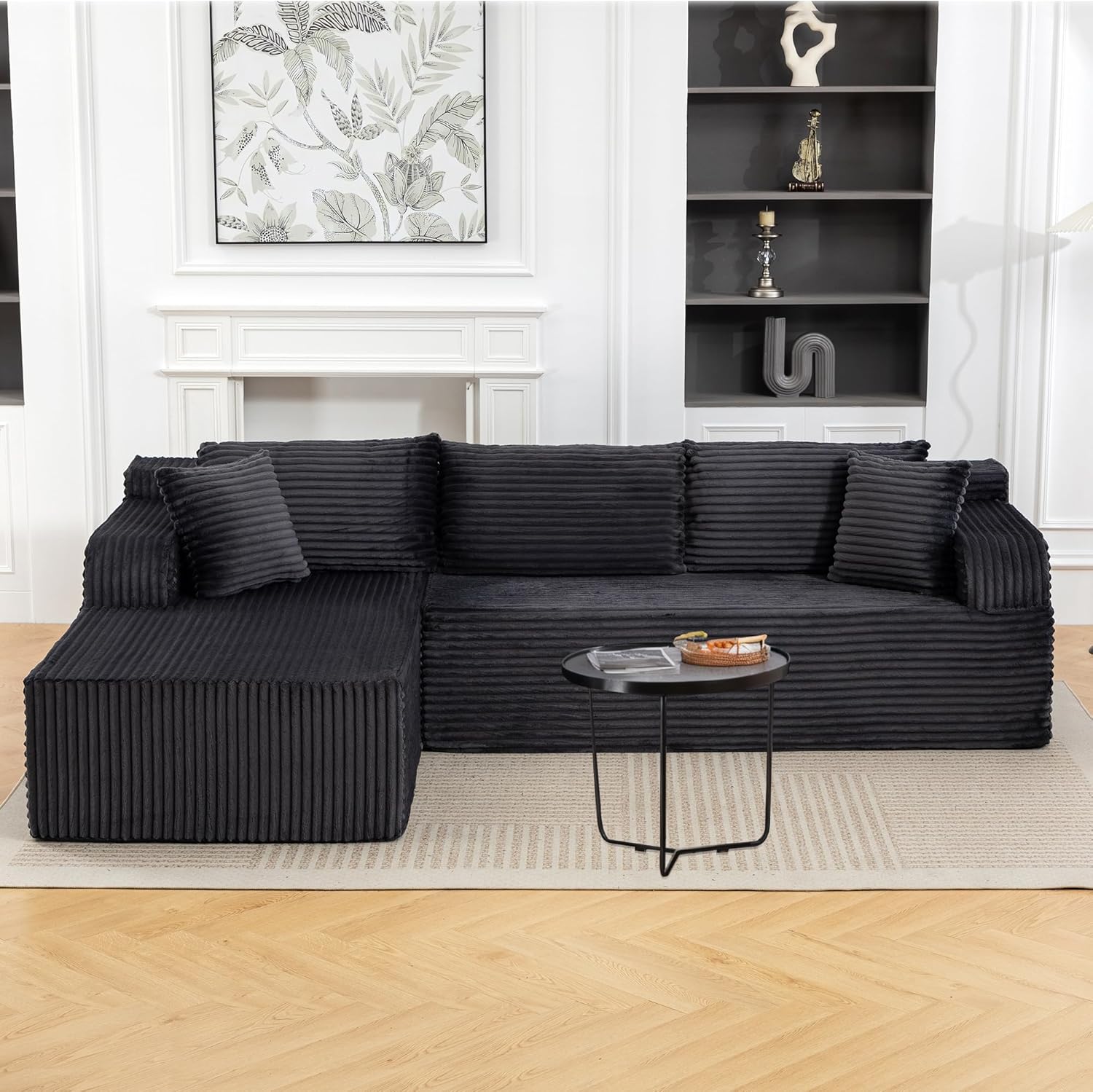 106” Cloud Modular Sectional Sofa with L-Shape Chaise and Deep Seat, Corduroy Memory Foam Boneless Compressed Couch for Living Room, No Assembly Required(Left Facing Chaise, Dark Grey)