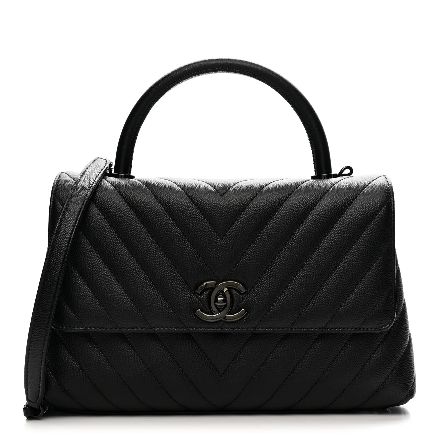 Caviar Chevron Quilted Small Coco Handle Flap So Black