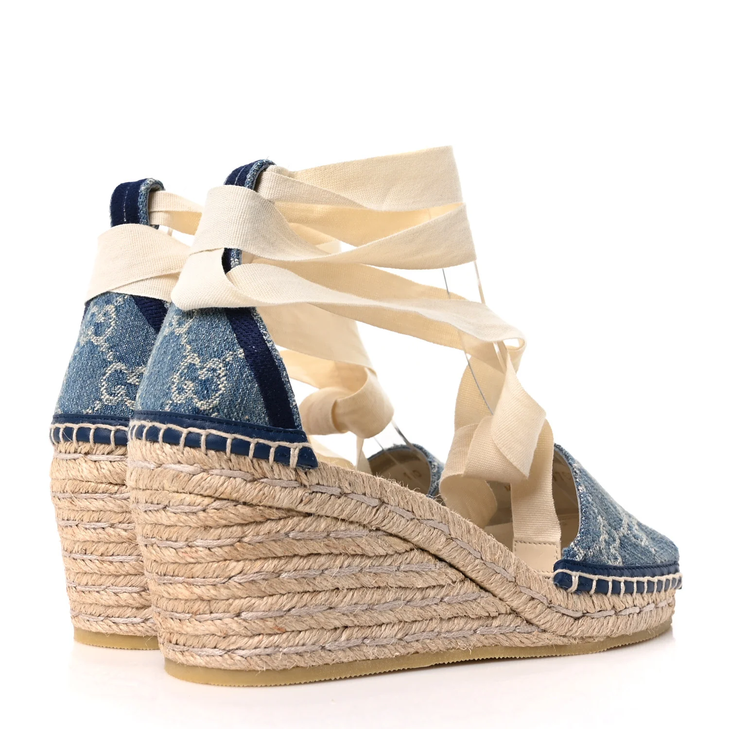 New Denim GG Monogram Pilar Ankle Wrap Espadrille Wedge Sandals 36.5 Light Blue