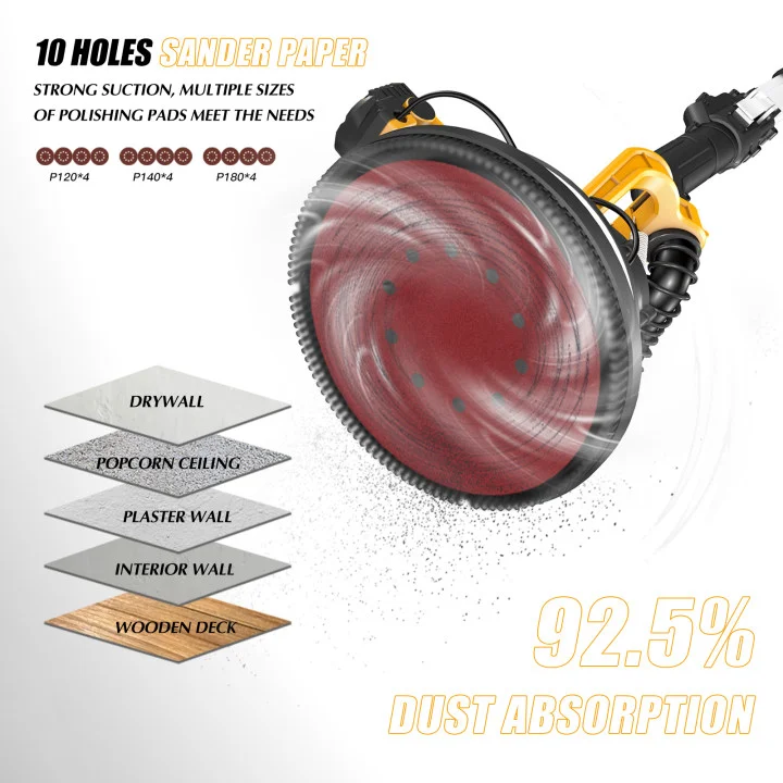 ZHJAN 880W Electric Drywall Sander with Vacuum, 5-Speed 2100RPM & LED, Adjustable Handle w/12 Sanding Discs & Dust Bag (59)