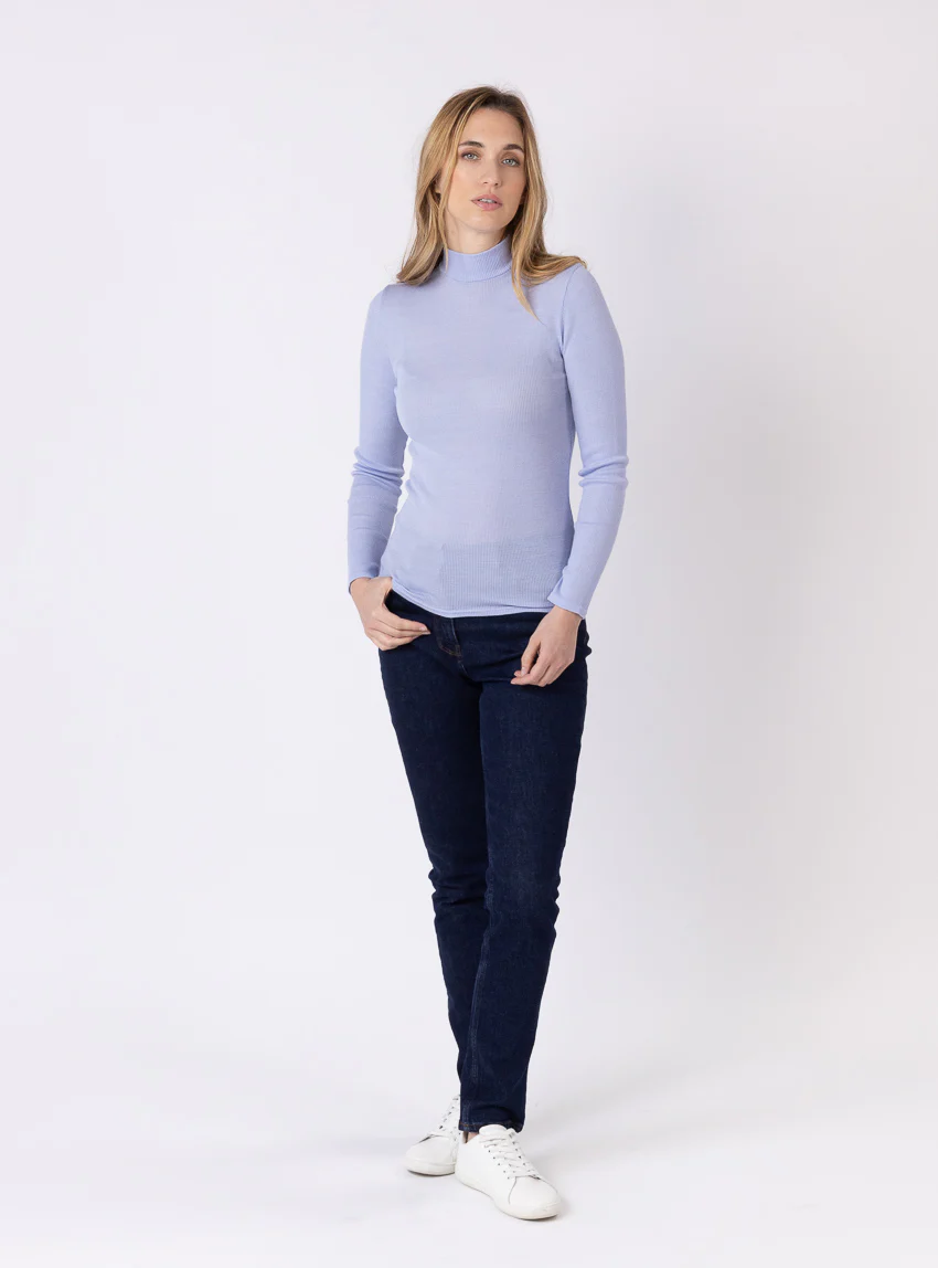 Pull chaussette femme col montant bleu ciel