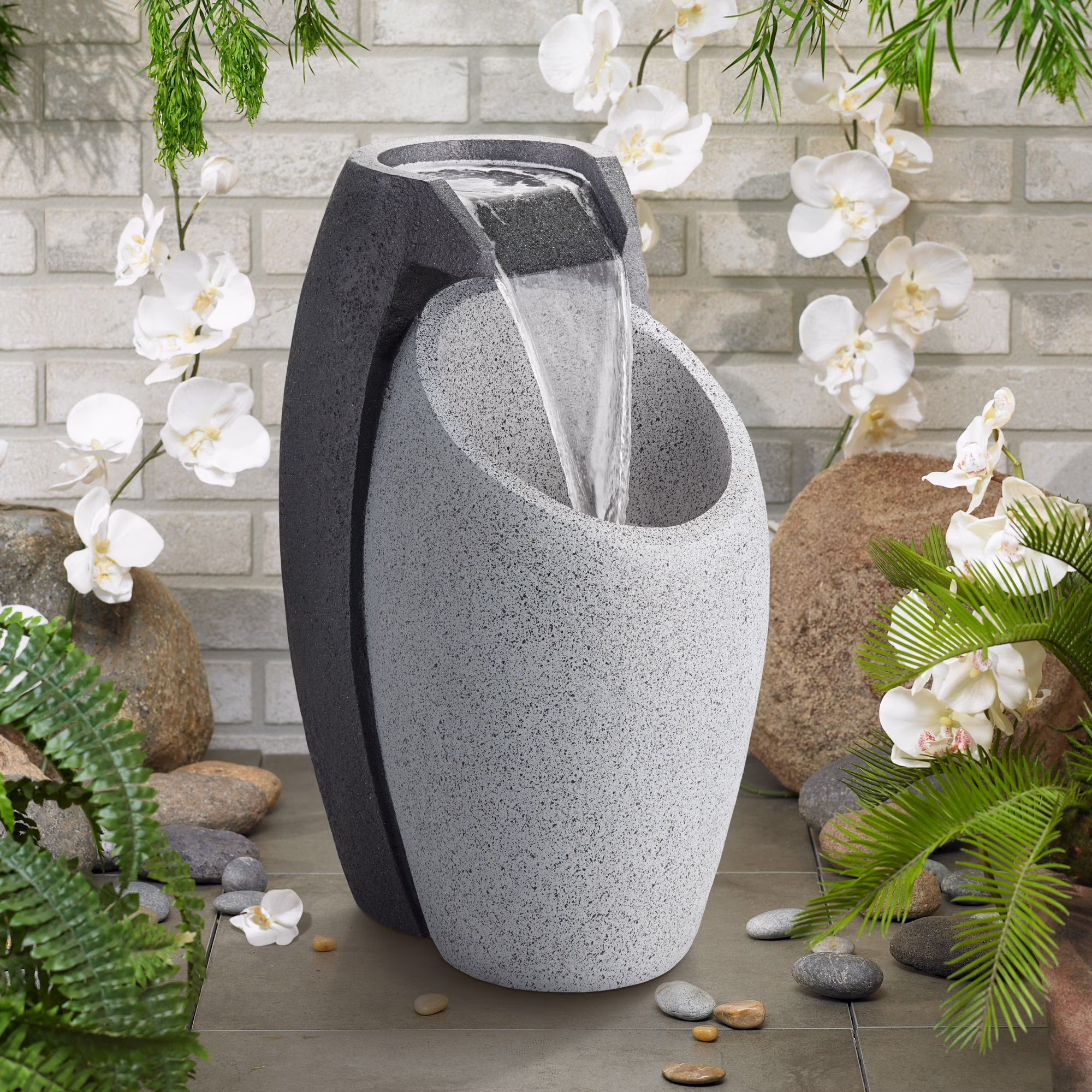 Waterfall 25 High Large Modern Indoor Outdoor Decor Faux Stone Floor Fountain with Light LED Outside Garden