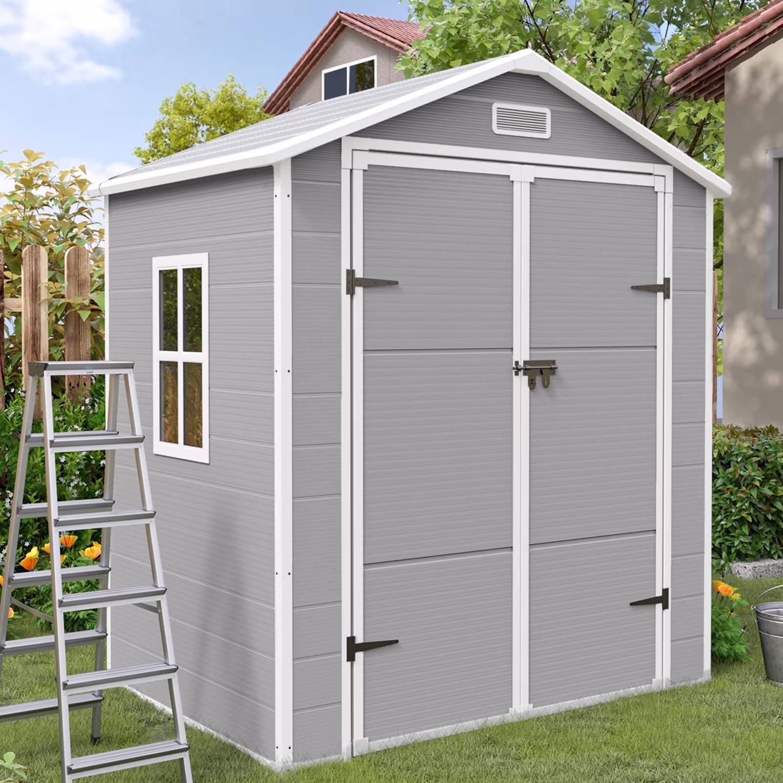 ELPOSUN Outdoor Storage Shed 6x4.5 Ft, Resin Outside Sheds & Outdoor Storage Plastic for Trash Can, Bike, Lawnmower, Generator, Tool Shed with Lockable Door for Backyard, Lawn, Patio, Grey & White