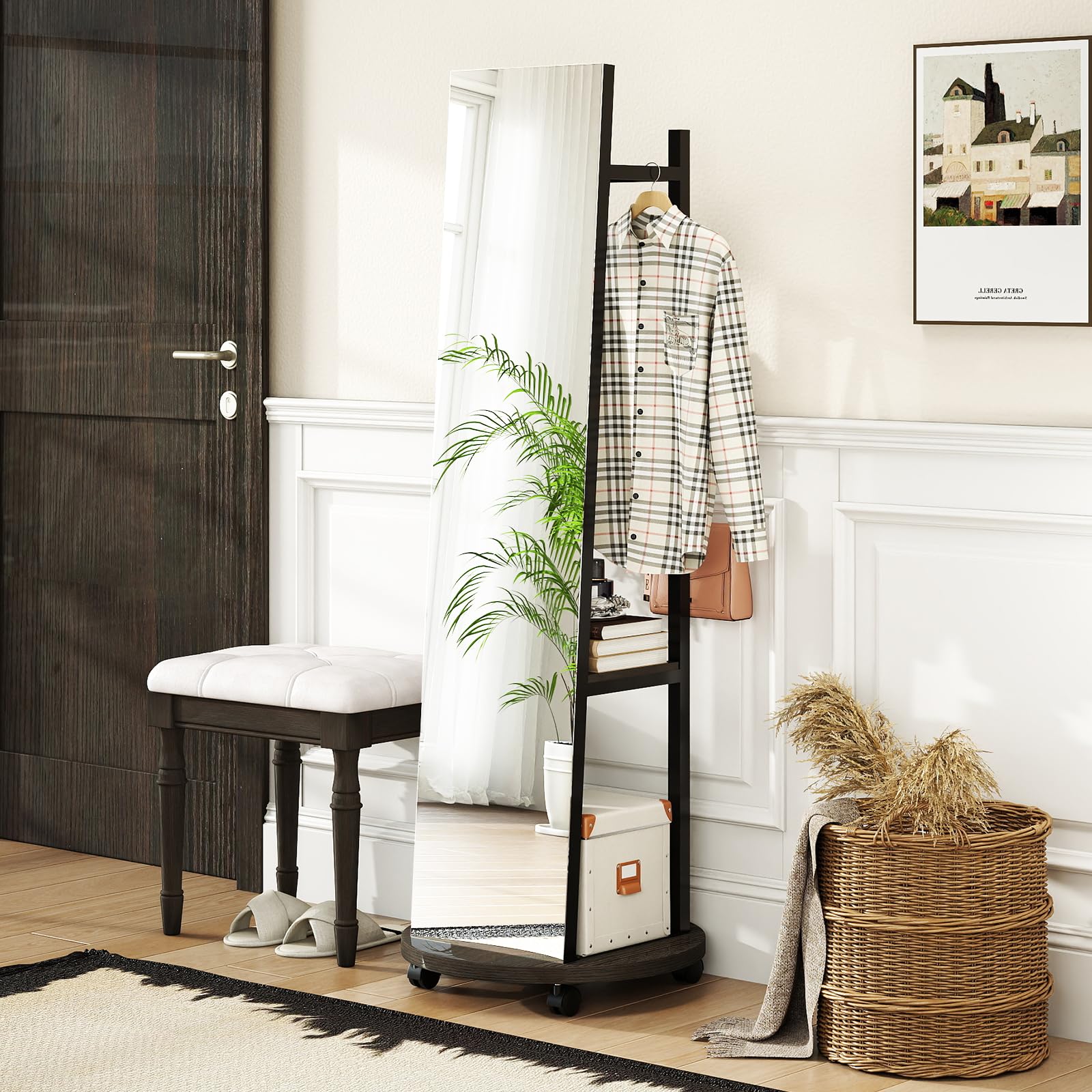 Tangkula Full Length Mirror with Coat Rack Swivel 55" Standing Floor Mirror on Wheels with Shelves