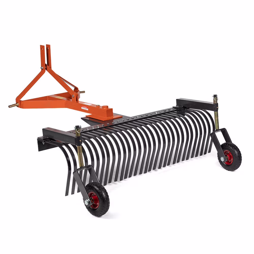 3 Point 5 FT Landscape Rake with Bolt-On Wheels for Compact Tractors, Fits Category 1 Hookup, Tow-Behind Garden Tool, Landscaper, and Grass Comb(5 FT)