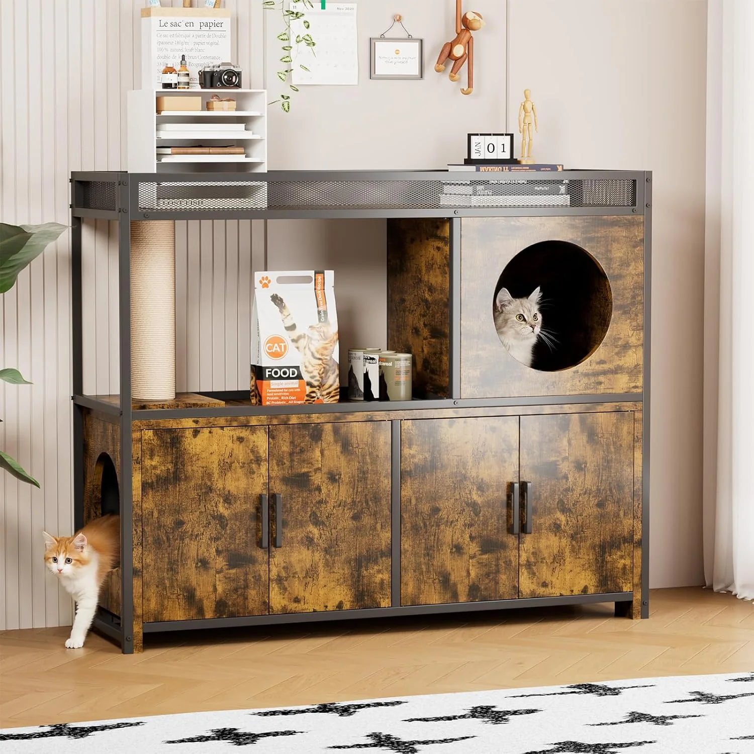 AECOJOY Double Litter Box Enclosure, Wooden Cat Washroom Furniture Hidden with Storage & Doors for 2 Cats