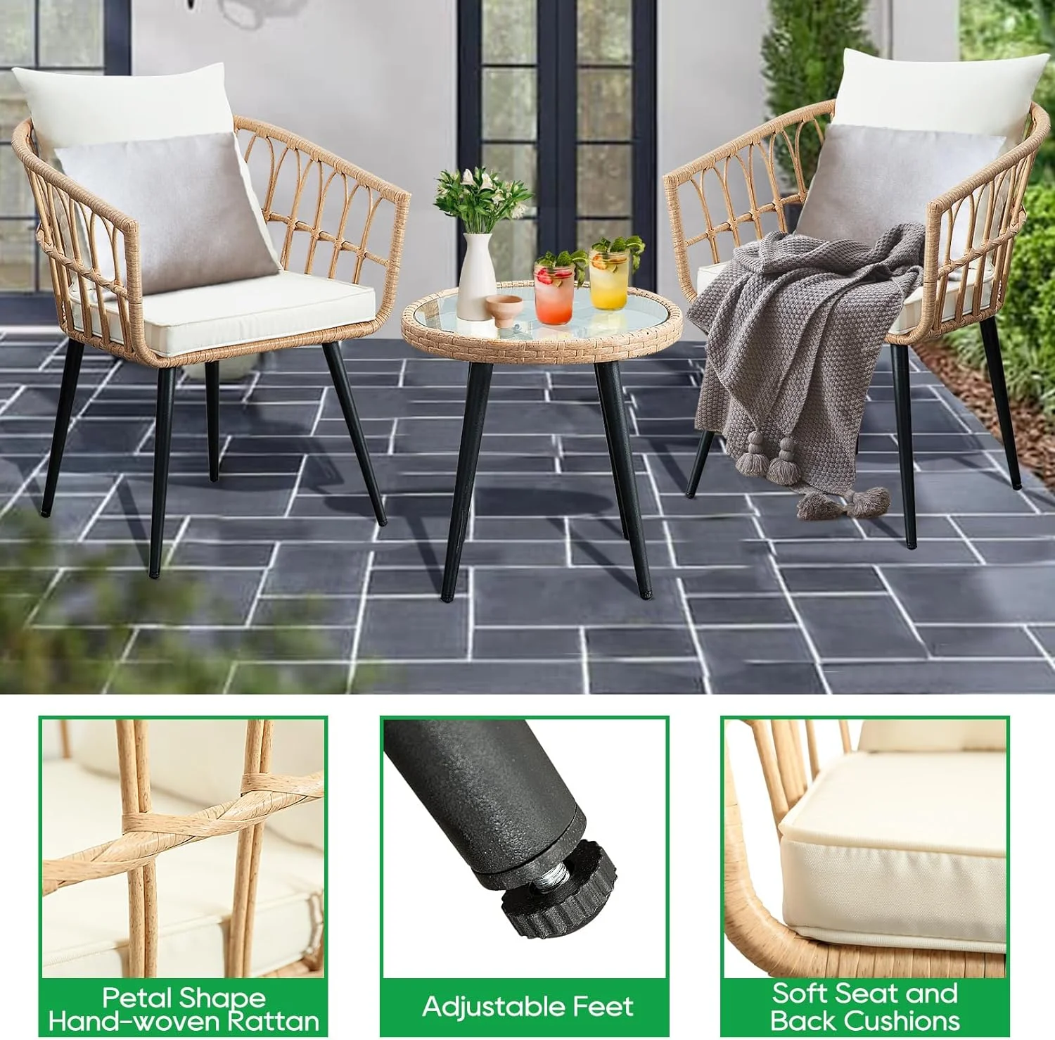3 Piece Patio Bistro Set, Outdoor Wicker Apartment Balcony Furniture Sets, Rattan Table and Chairs Set of 2 for Porch Backyard Lawn Poolside Deck, Beige(3 PCS/Beige) Image 6