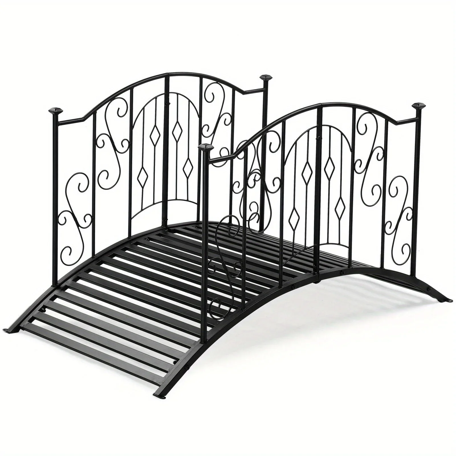 4ft Wrought Iron Arched Bridge Railing with Square Top - Black Matte Finish, Ornate Scrollwork Design, Durable Outdoor Handrail for Garden & Yard Bridges up to 4ft Wide, Easy Installation