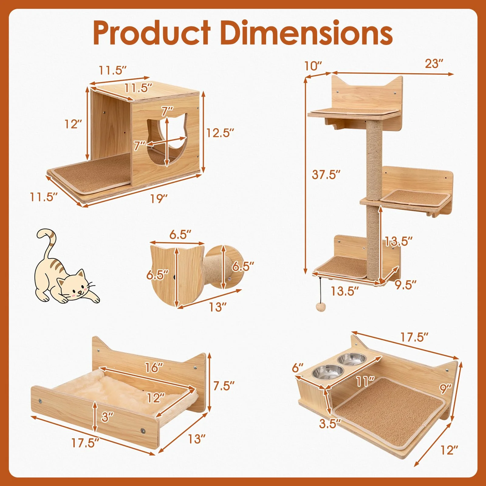 Tangkula 6 Pieces Cat Wall Furniture Set Kitten Wall Mounted Shelves