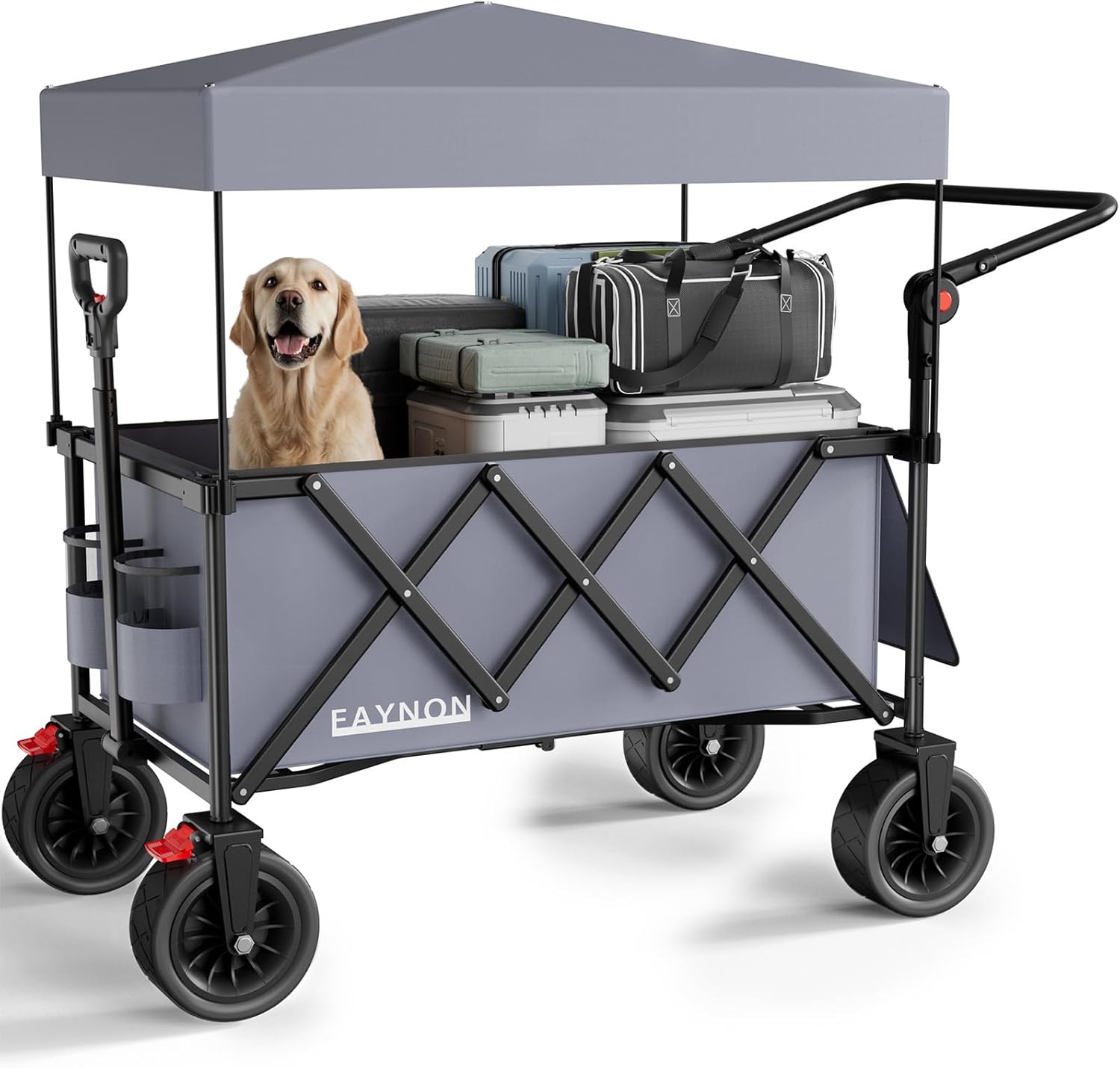 3 in 1 Collapsible Wagon with 300lbs Weight Capacity, 150L Heavy Duty Utility Cart with Removable Canopy, with Large All-Terrain Beach Wheels & Drink Holders, Gray