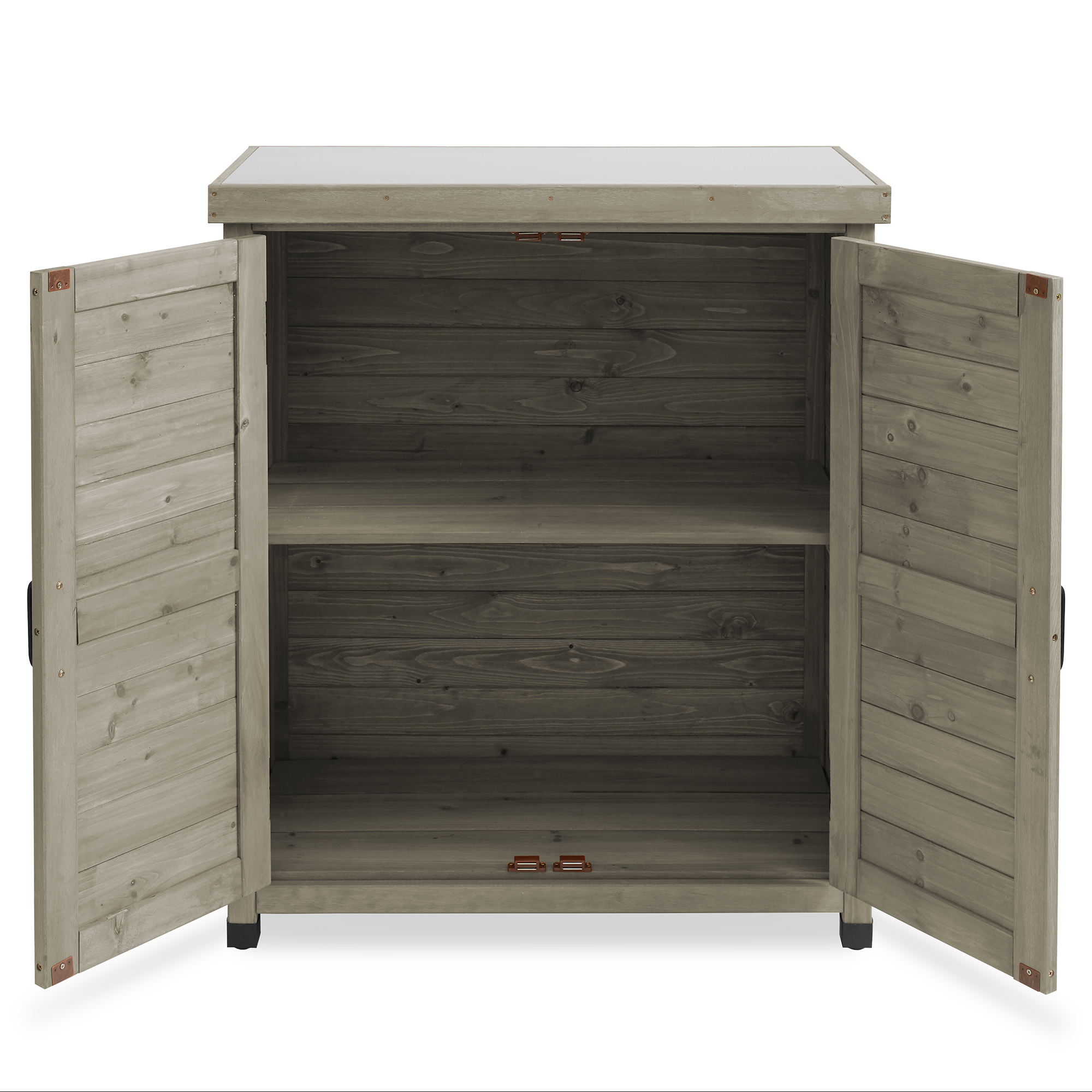 Outdoor Storage Cabinet and Potting Bench with Metal Tabletop and Storage Cabinet Wooden Outdoor Garden Patio Workstation Table, Gray(Gray) Image 4
