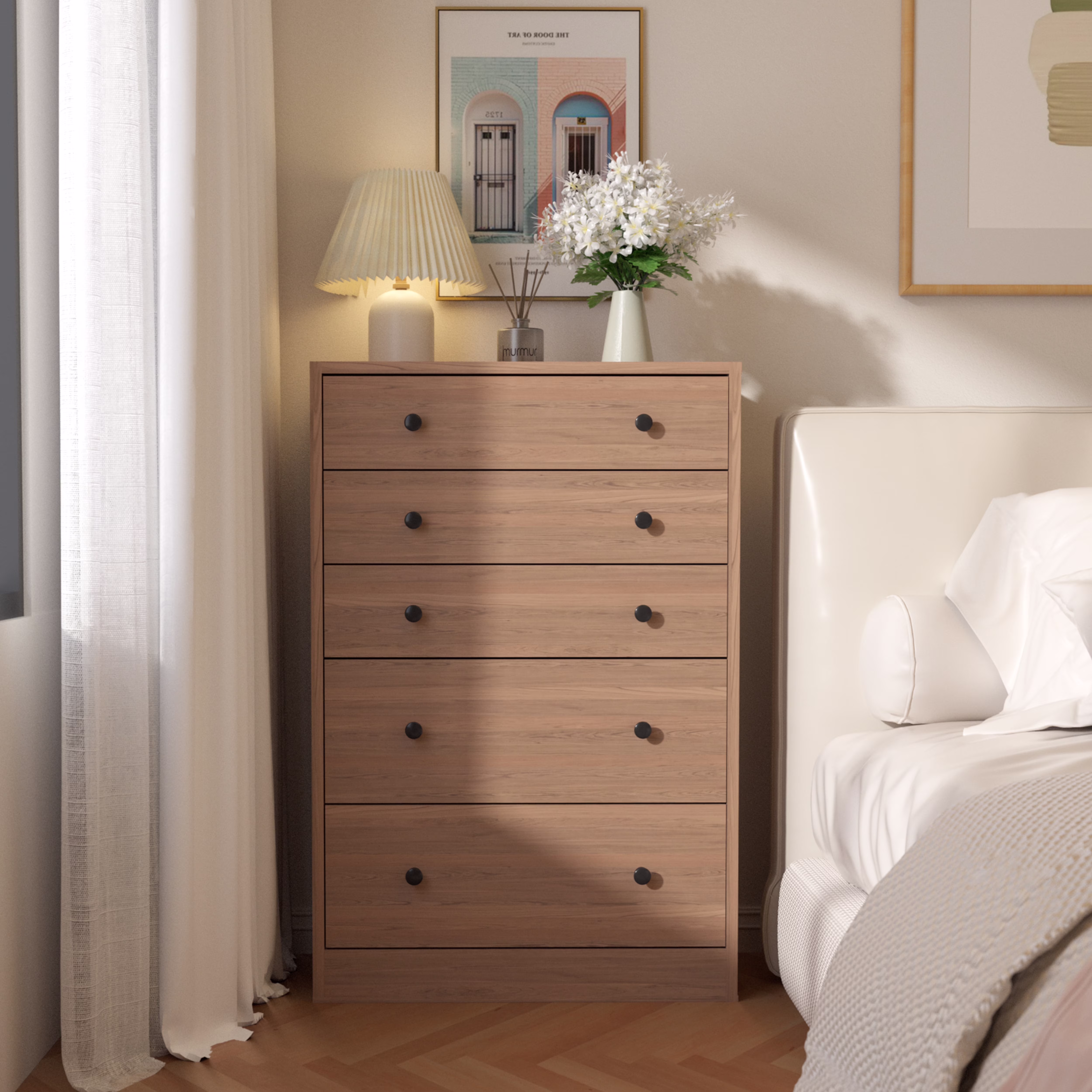 VEIKOUS Oversized 5 - Drawer Dresser Chest, Large Storage Dresser for Bedroom Storage, Oak