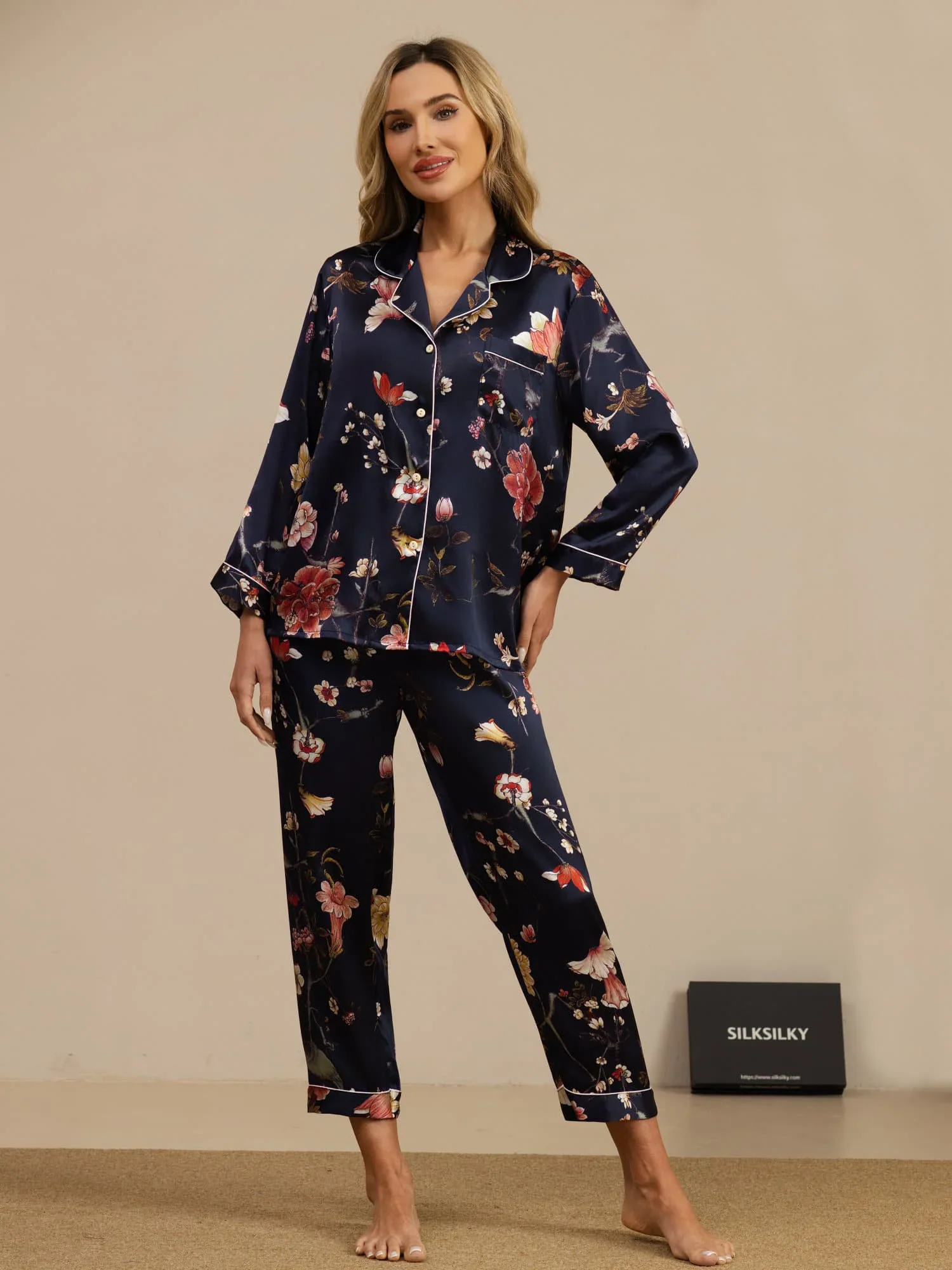 Women's Pure Silk Navy Floral Print Long Sleeve Notch Collar Button Up Pajamas Set
