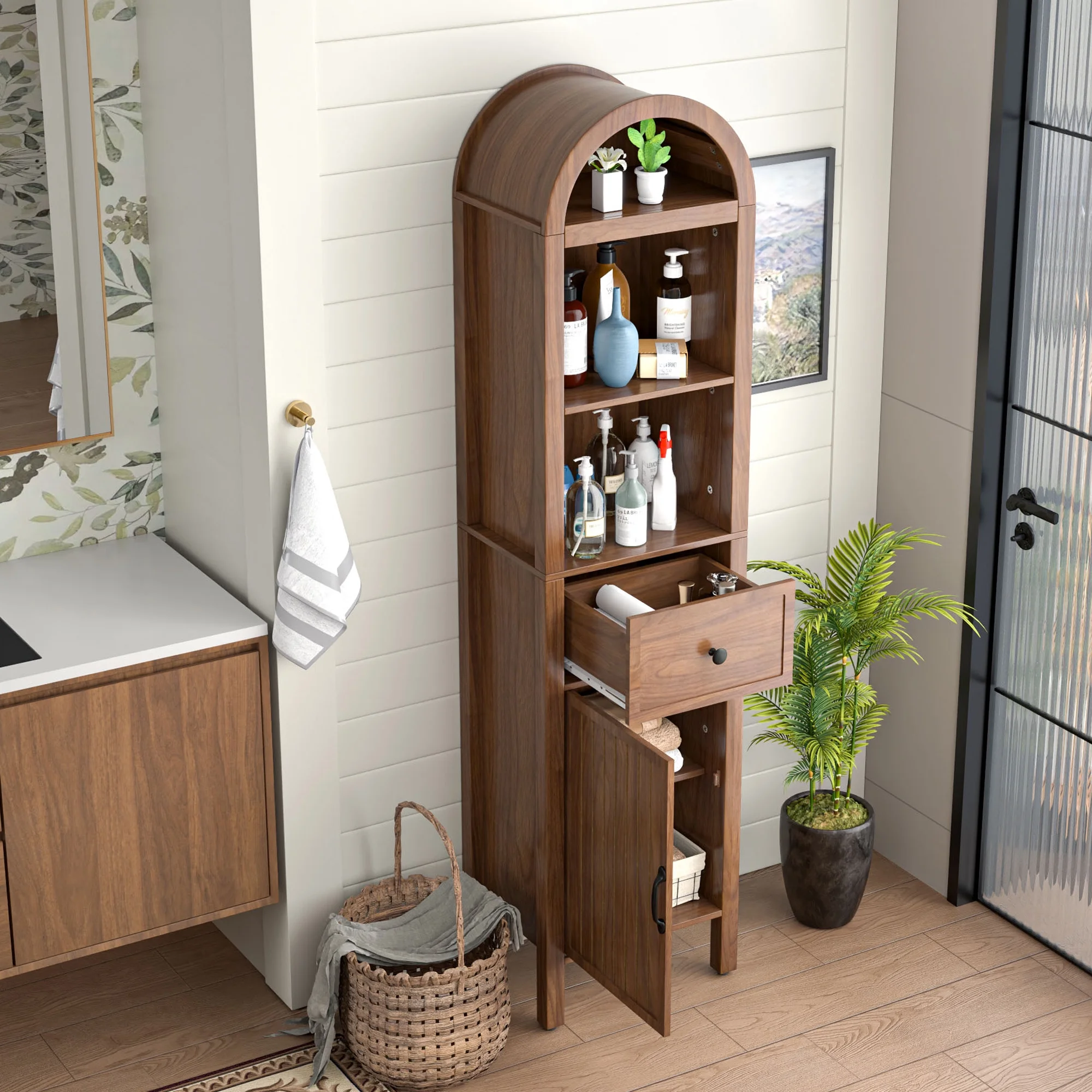 Bathroom Storage Cabinet Narrow Tall Cabinet Storage Tower with Door and Drawer(Walnut Color) - Image 8
