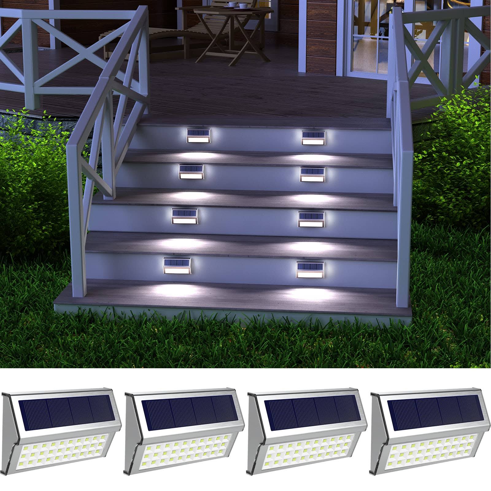 Solar Step Lights Outdoor 4 Pack 30 LED Stainless Steel Solar Lamps Waterproof Fence Lights for Stairs Patio Pathway Walkway, Cool White Light
