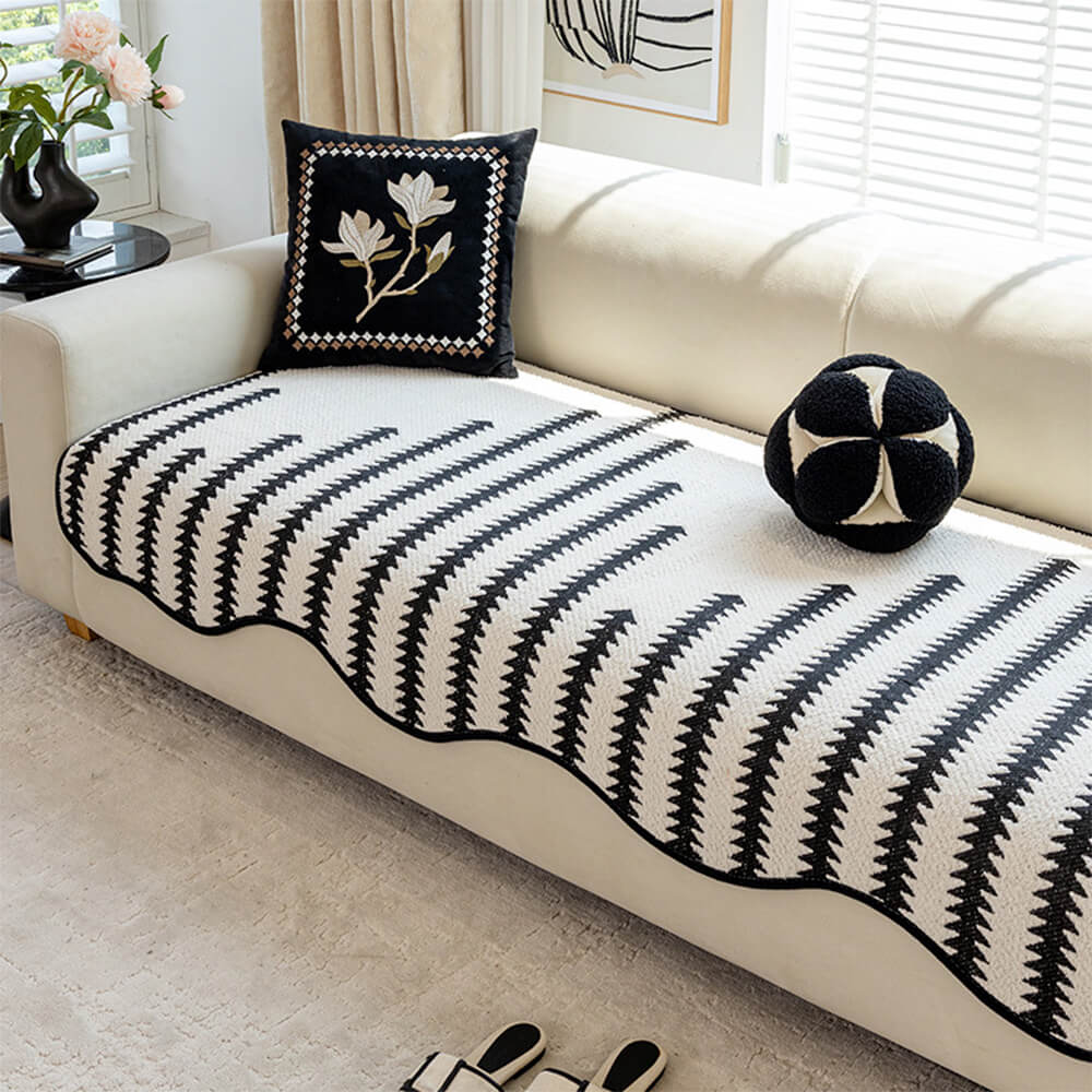 Modern Chevron Stripes Chenille One-Piece Couch Cover with Wavy Edges