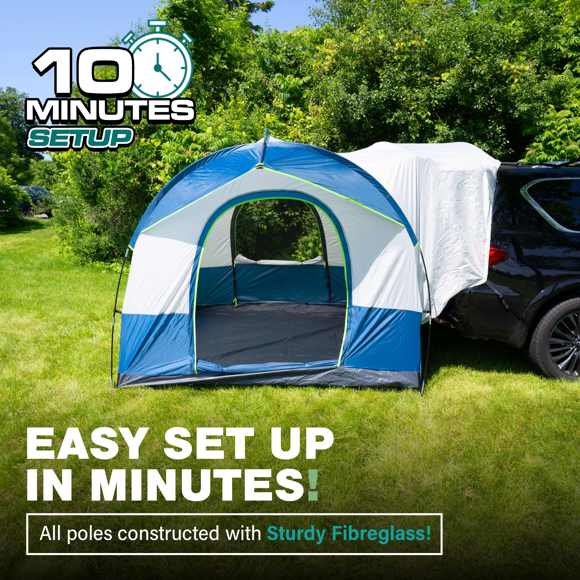 NEH Universal SUV Camping Tent - up to 8 - Person Sleeping Capacity, Includes Rainfly and Storage Bag - Car Tent, Tailgate Tent, Glamping Tent - 8'W x 8'L x 7.2'H Gray and Blue