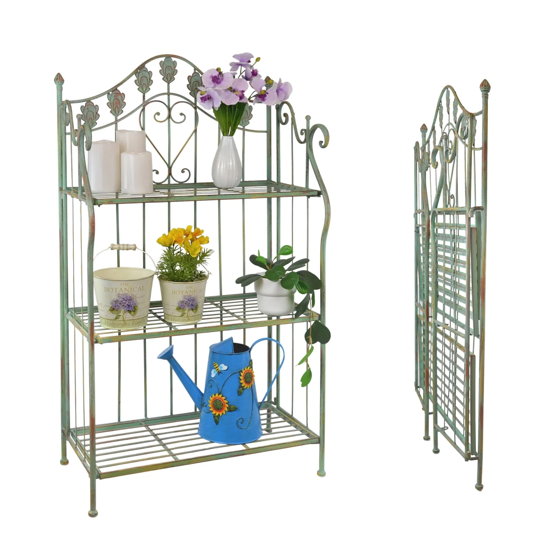 Westcharm 41 in Tall Pre - Assembled Folding Metal Shelf | Plant Stand | Shelving Unit | Bookcase | Outdoor Baker'S Rack with Scrolling Heart & Peacock Tail Motif - Verdigris Green