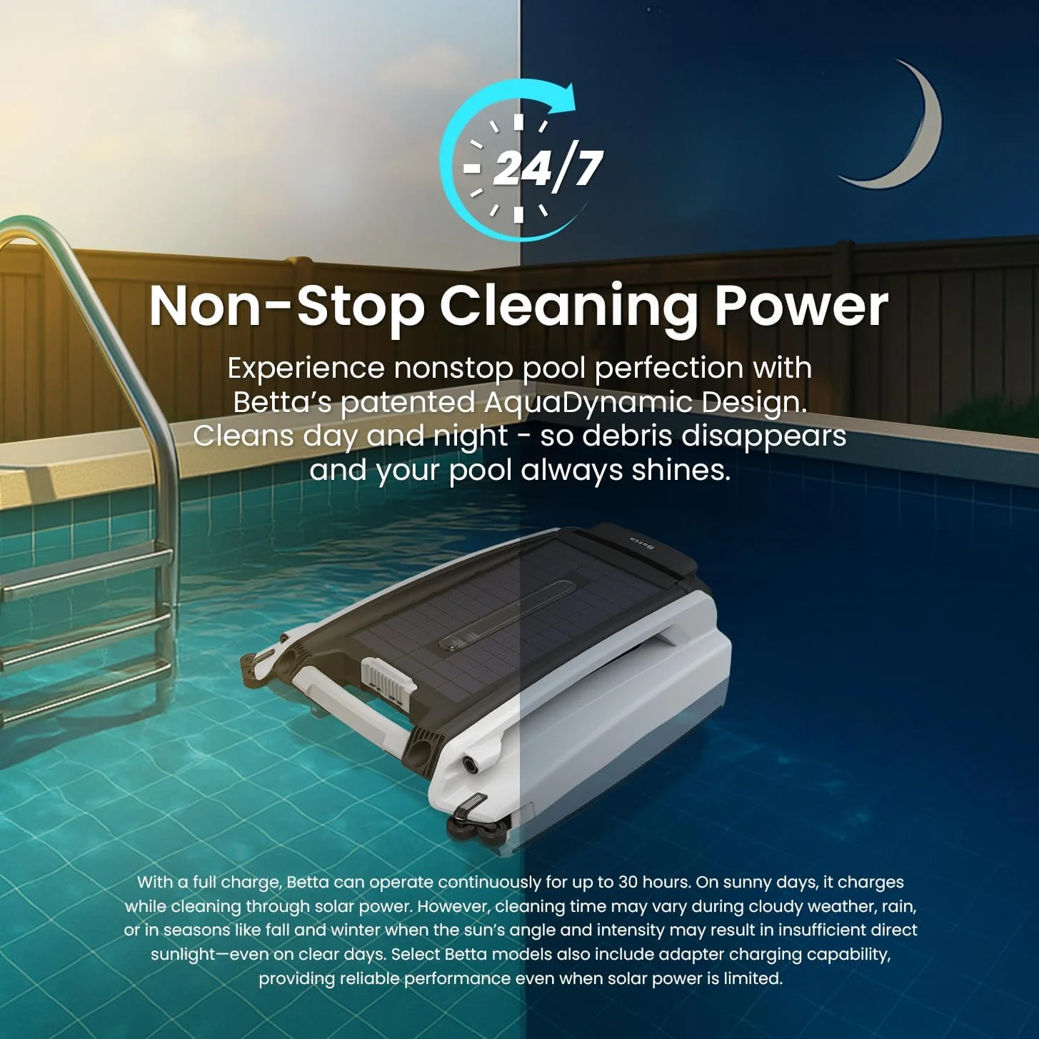 Solar Powered Automatic Robotic Pool Surface Skimmer Cleaner with 24/7 Continuous Cleaning Battery Power and Re-Engineered Twin Salt Chlorine Tolerant Motors (Blue)