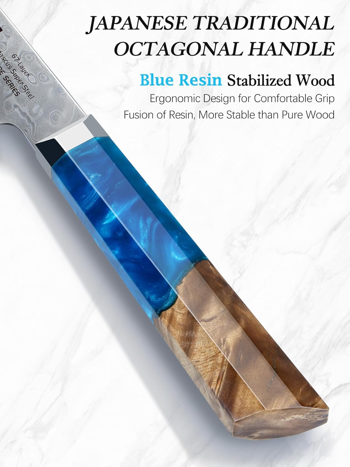 HOSHANHO Damascus 3 Pieces Knife Set, Professional 67-Layer Damascus Steel Kitchen Knife Set, Ultra Sharp Japanese Chef Knives Set with Ergonomic Blue Resin Stabilized Handle & Wood Gift Box