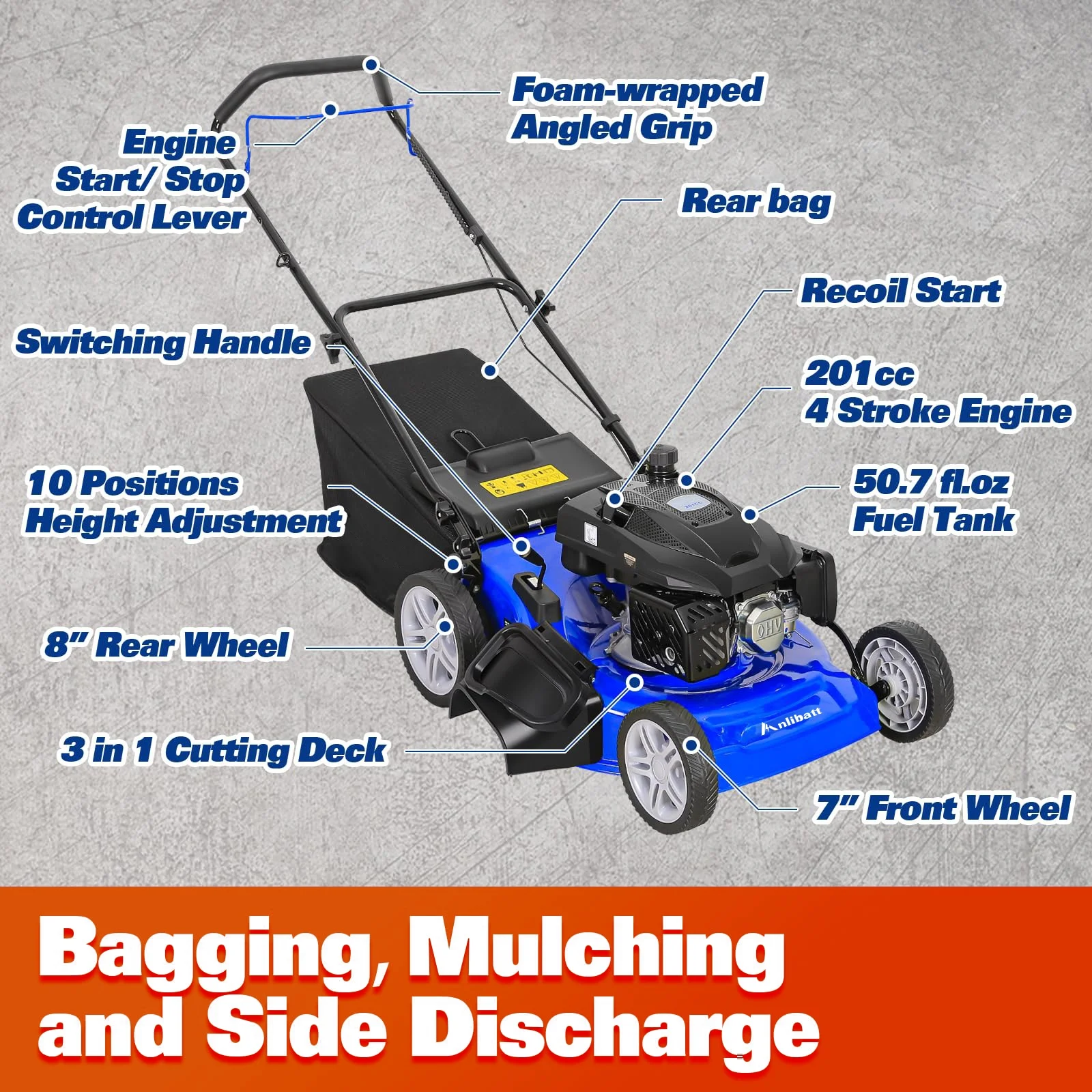 Anlibatt 21 in Gas Lawn Mower, Gasonline Lawnmower Walk - Behind Push Mowers with Bagging 201cc 5.7HP 4 - Cycle OHV Engine, Adjustable Cutting Height Gas Powered Lawnmower