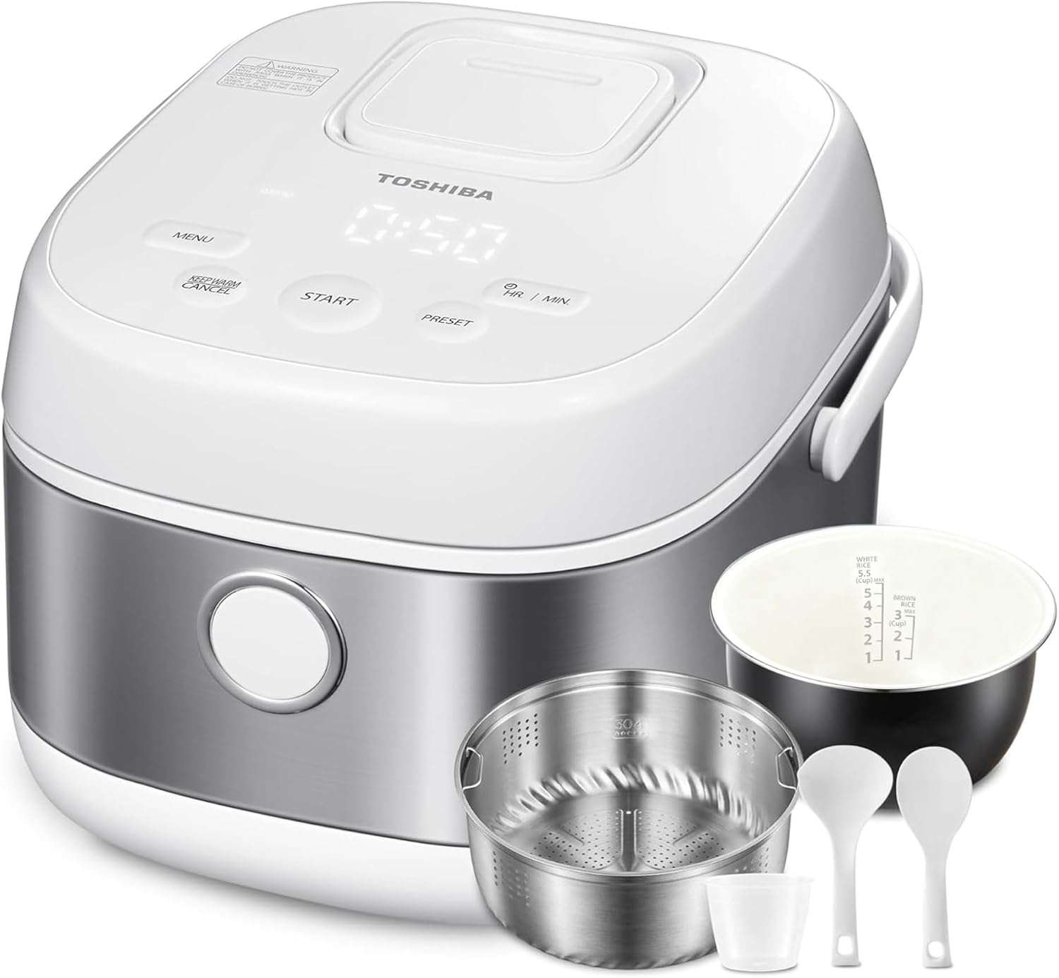 Toshiba Rice Cooker 6 Cup Uncooked – Japanese Rice Cooker with Fuzzy Logic Technology, 7 Cooking Functions, Digital Display, 2 Delay Timers and Auto Keep Warm, Non-Stick Inner Pot, White