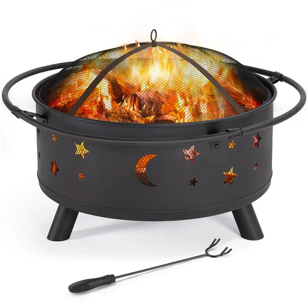 SMILE MART Iron Fire Pit Set Heating Equipment Camping Fire Bowl with Poker Mesh Cover for BBQ Backyard Patio Outdoor Fireplace Black