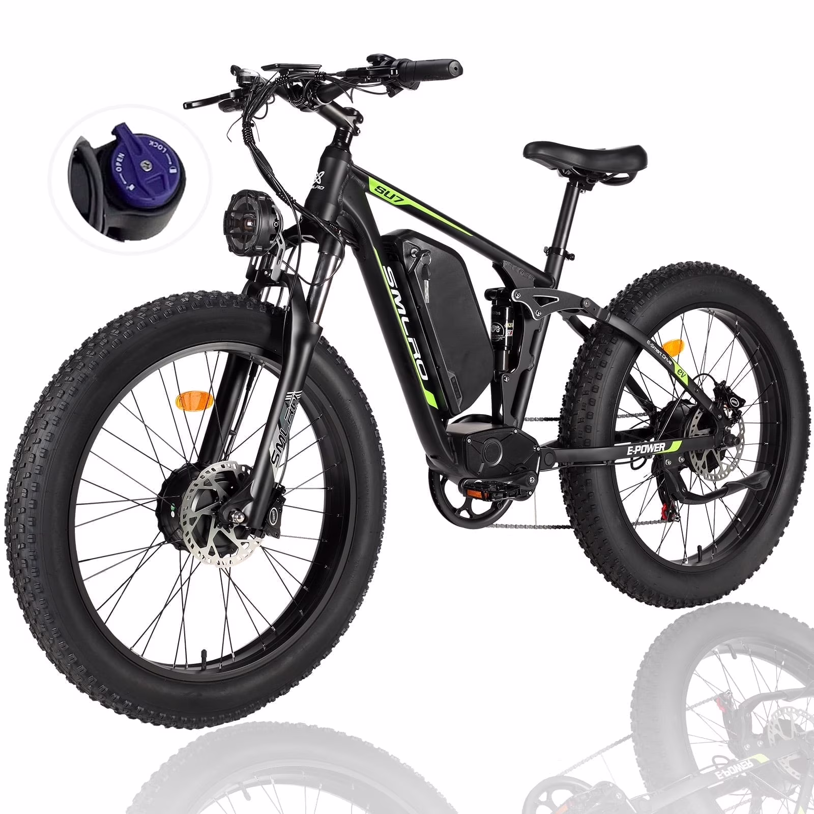 5000w Peak Dual Motor Electric Bike, 26" Fat Tire 21 Speed 45 MPH Commuter Mtb, 60V 25AH Front Suspension Ebike(Black-Green) - Image 7