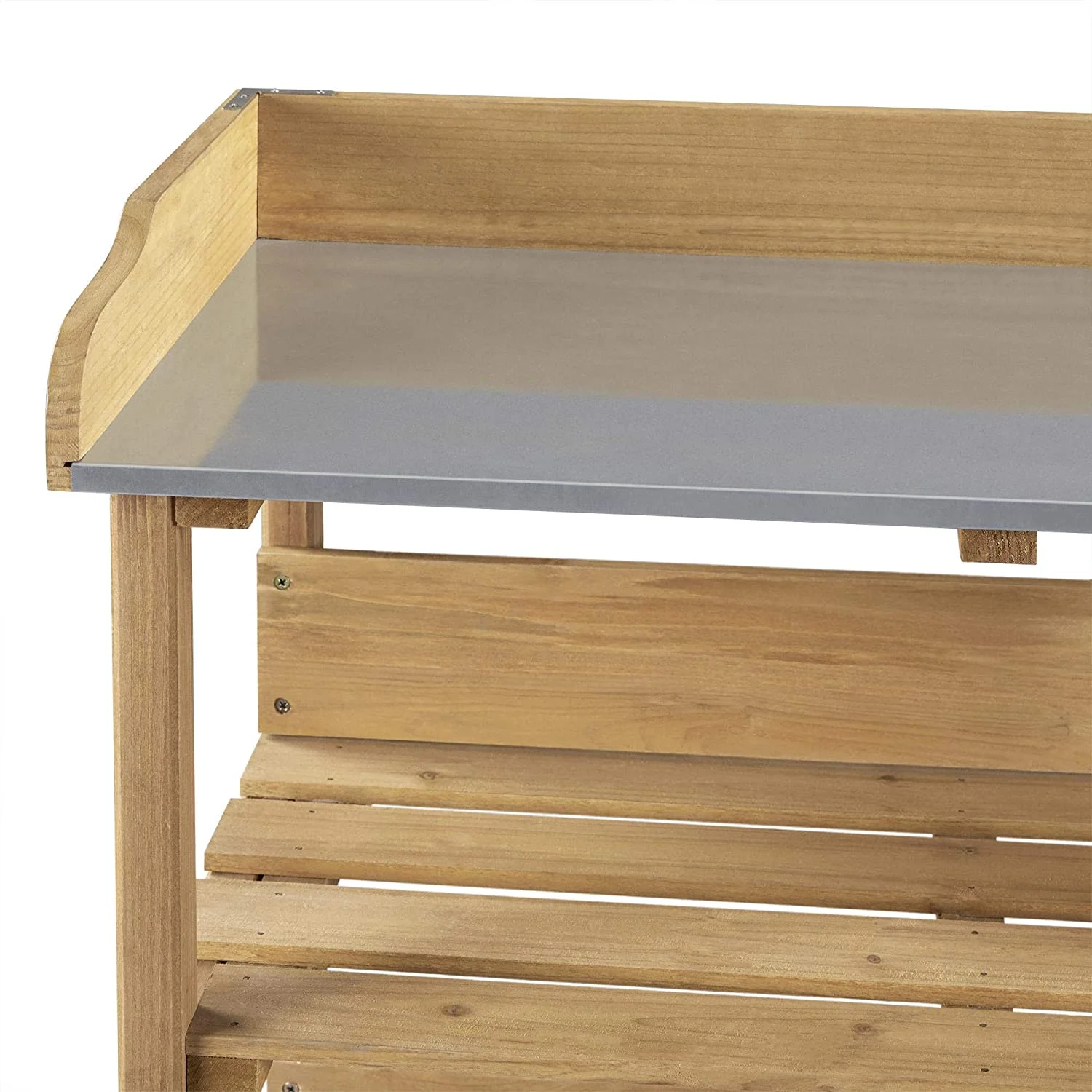 Outdoor Garden Potting Bench Table Wooden Horticulture Planting Worstation w/Metal Tabletop/Storage Shelf/3 Hooks, Natural Wood - Image 9