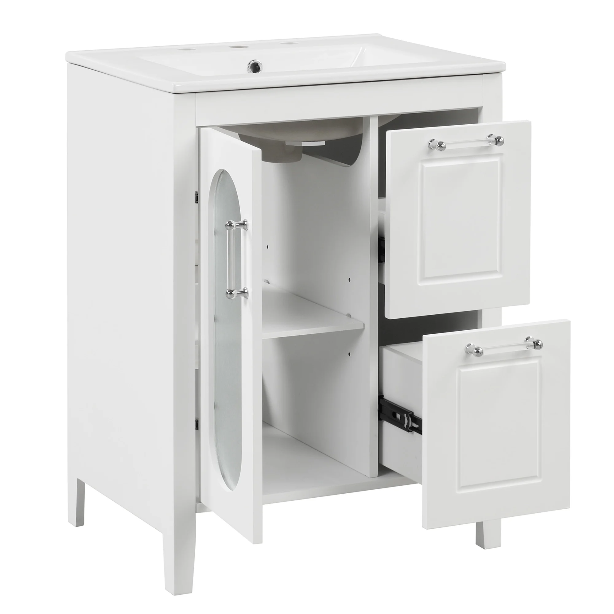 24" Bathroom Vanity with Ceramic Sink, Solid Wood Bathroom Makeup Cabinet with Door, Adjustable Shelf and 2 Drawer, Free Standing Single Basin Vanity Set for Small Bathroom, White(White) - Image 10