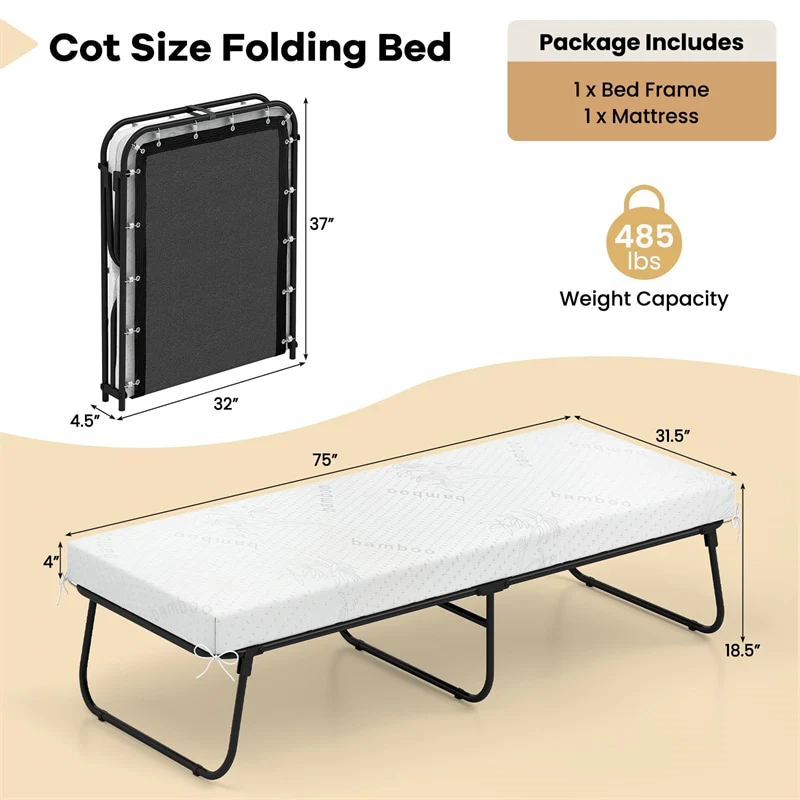 Cot Size Rollaway Guest Bed with Memory Foam Mattress, 75