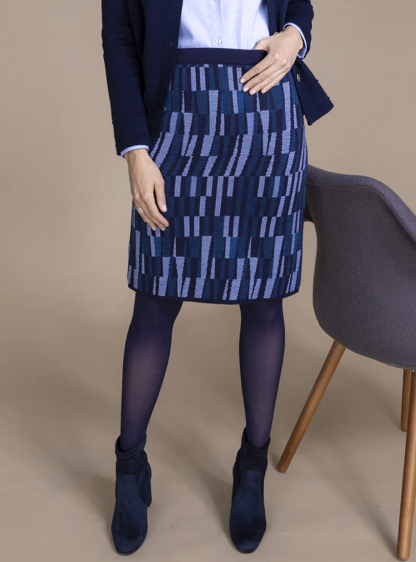 Jupe droite en laine jacquard bleu