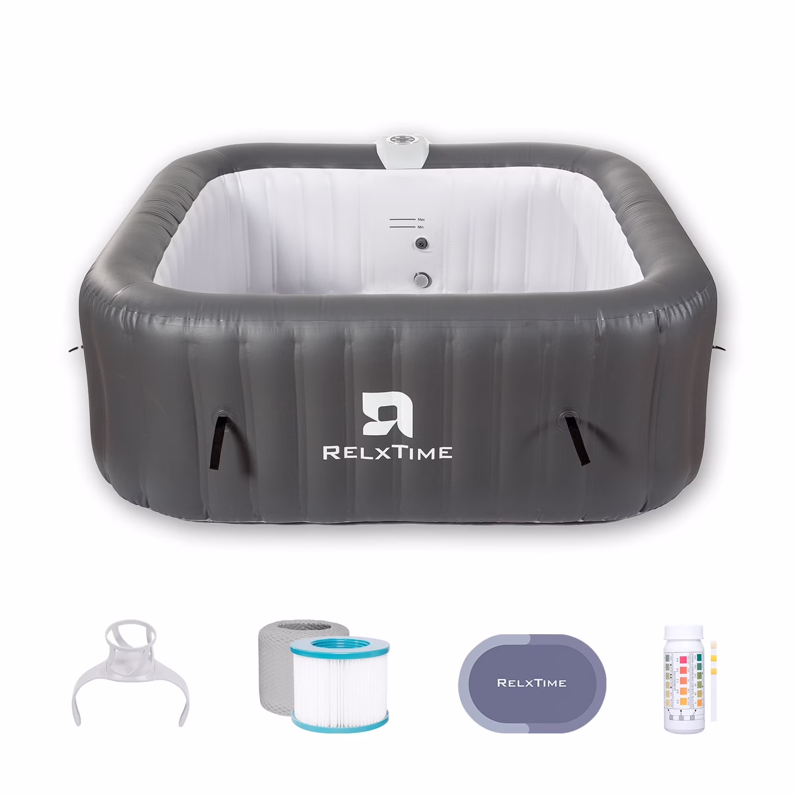 73*73 inch Portable Square Inflatable Massage Pool for 4-6 People Outdoor Spa with 130 Bubbling Massage Jets, Built-in Heating Pump with Two Cartridges, Gray