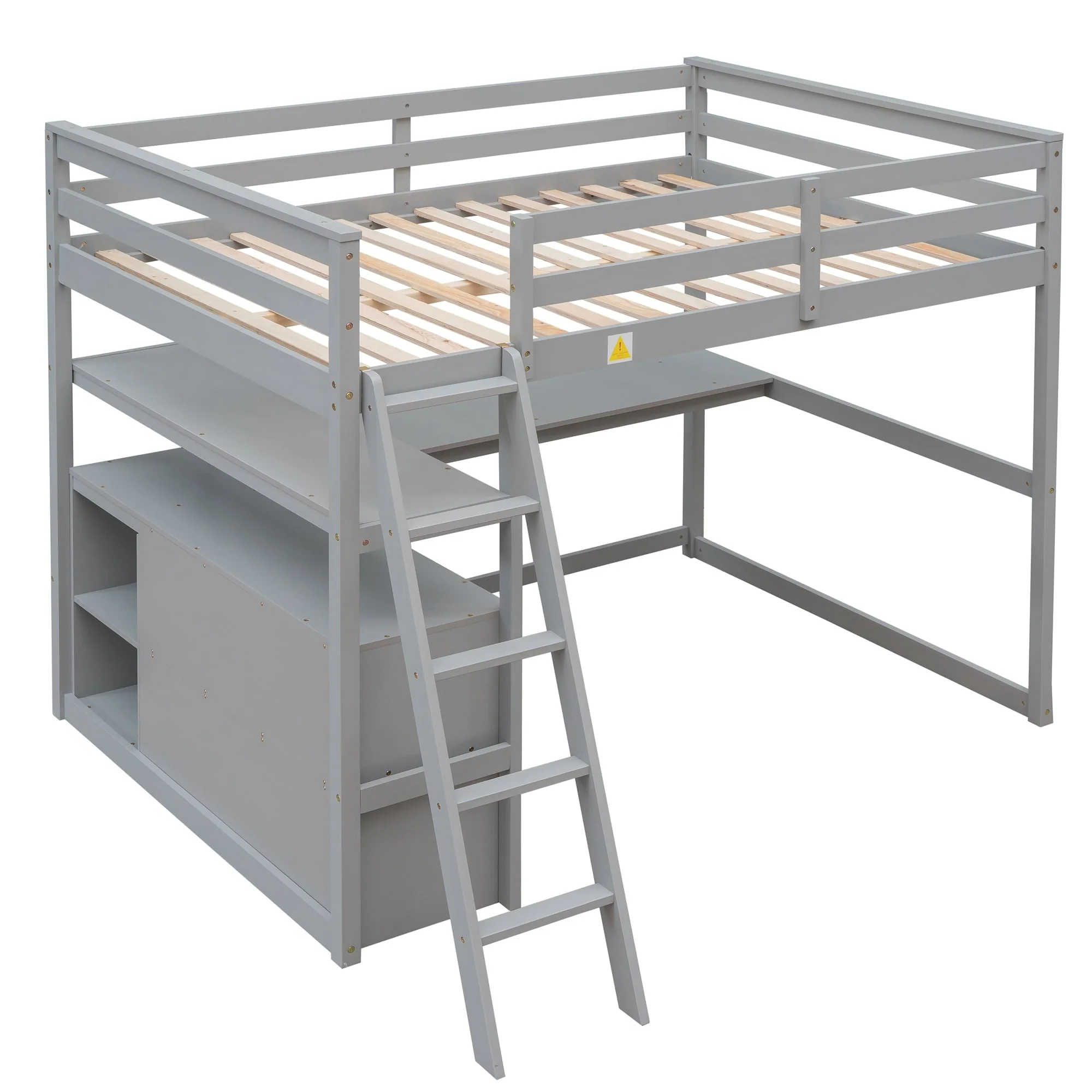 Euroco Full Size Wood Loft Bed with Desk, Shelves and Cabinets for Kids Room, Incline Ladder and 3 Drawers, Gray Image 8