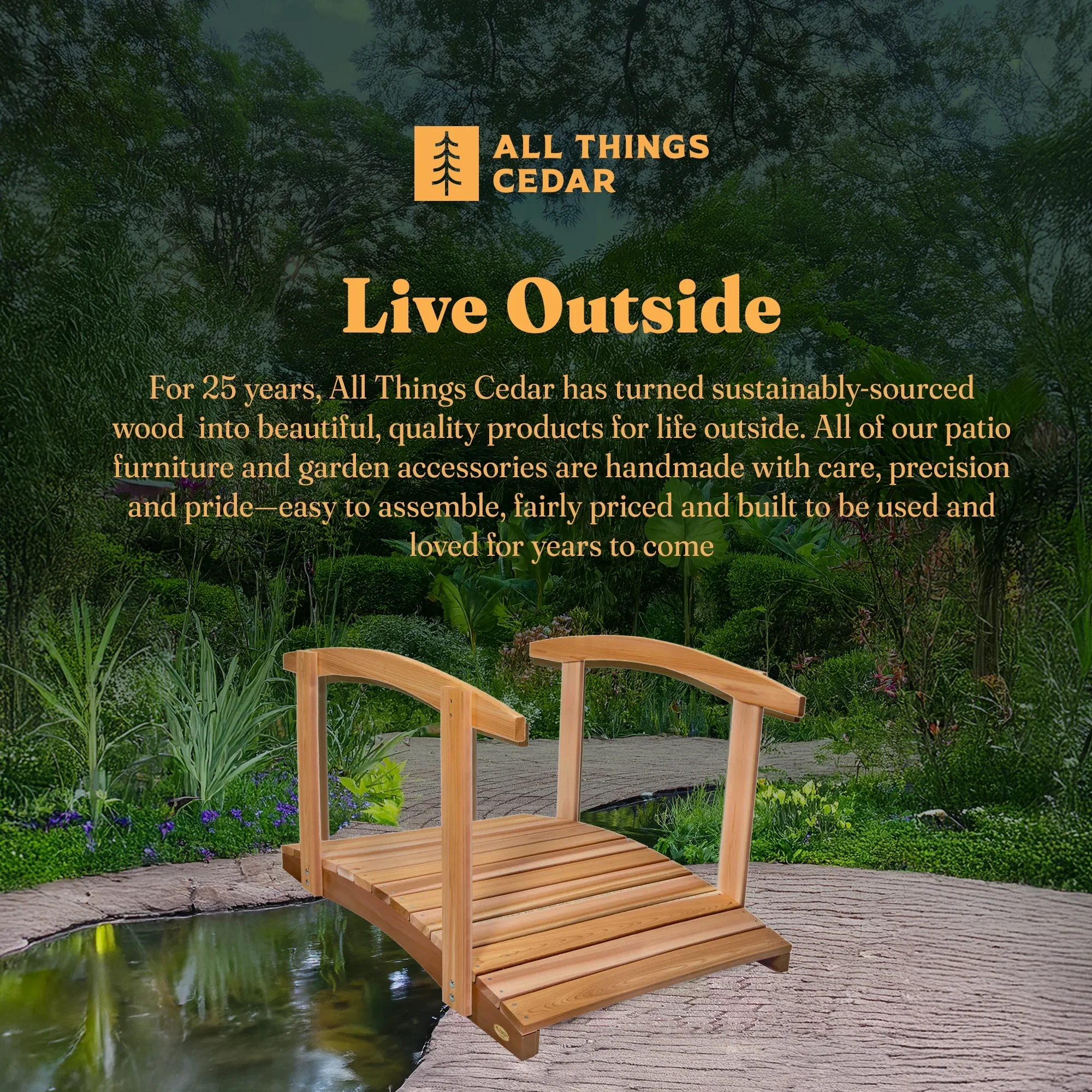 All Things Cedar FB36-R 3-ft Cedar Wood Garden Bridge | Side Rails - 36L x 29W x 7H