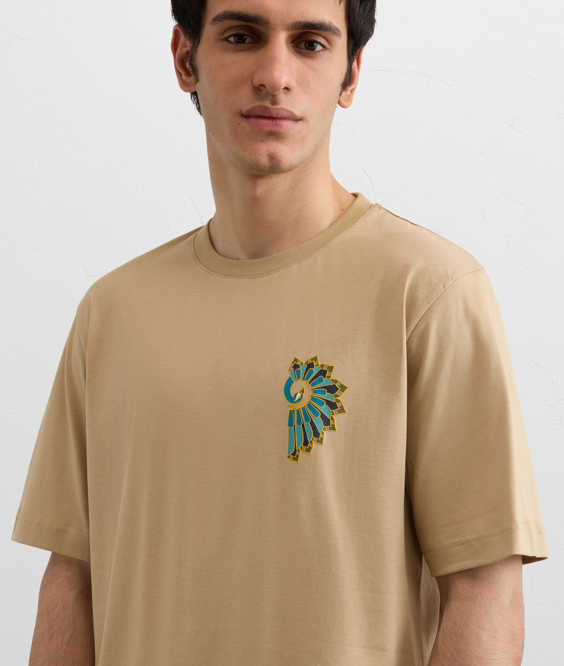 LIGHT BROWN PRINTED COTTON T SHIRT