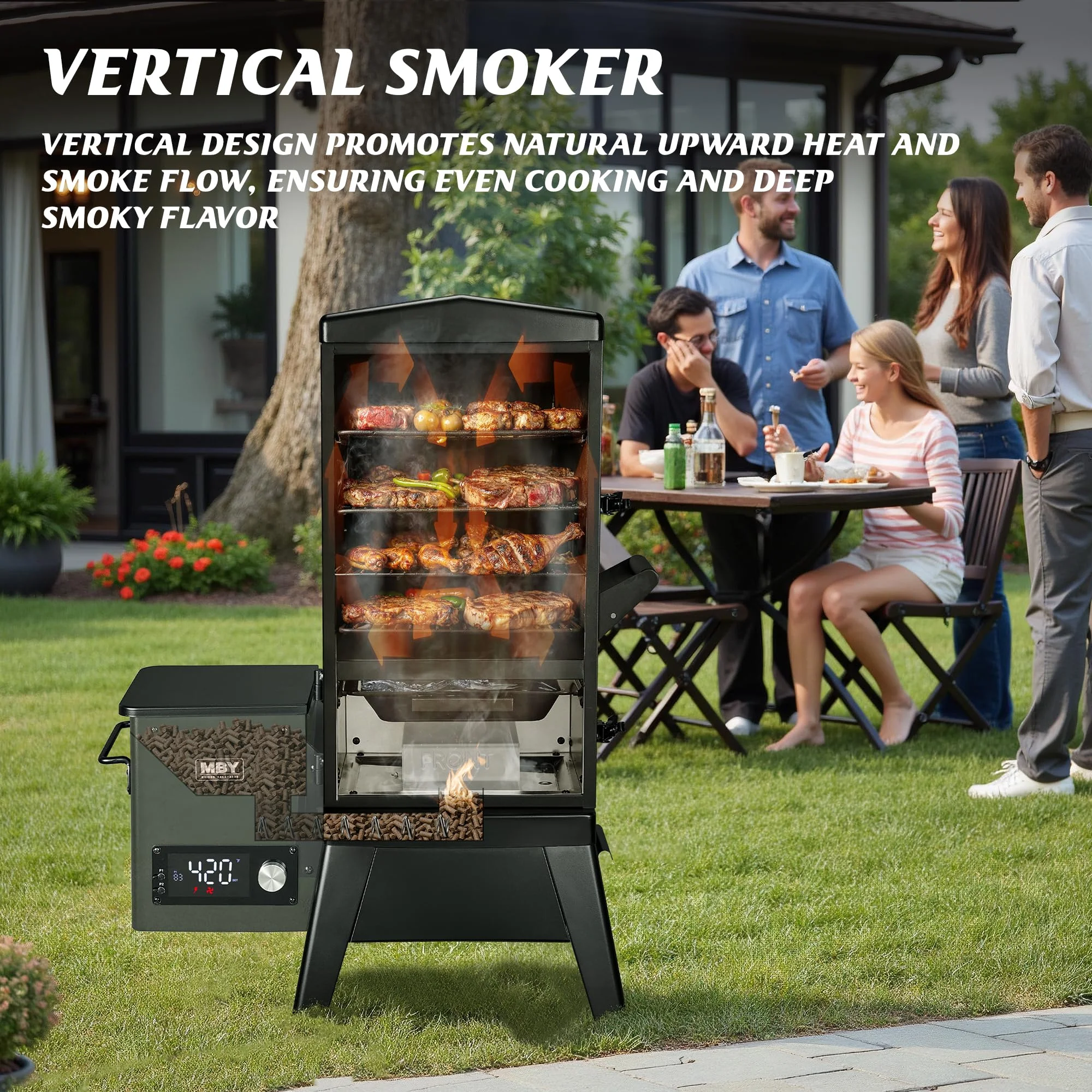 Vertical Electric Pellet Smoker Grill with Cover, 616 sq in Cooking Area, LED Temperature Control, Meat Probe, Outdoor BBQ Smoker for Steak, Ribs, Fish Vegetables - Image 7