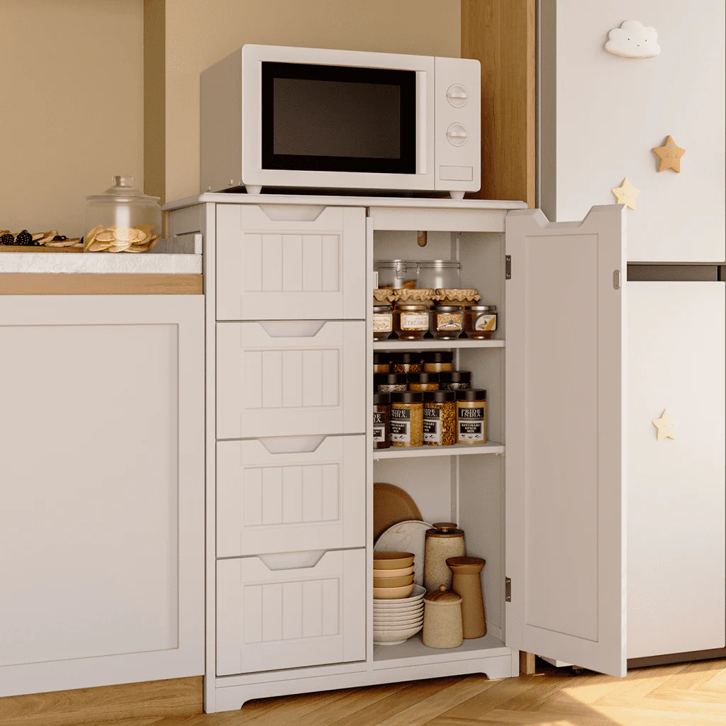 33 5 "H Wooden Bathroom Floor Cabinet with 4 Drawers and 1 Door for Bathroom, Kitchen, Bedroom White Image 4