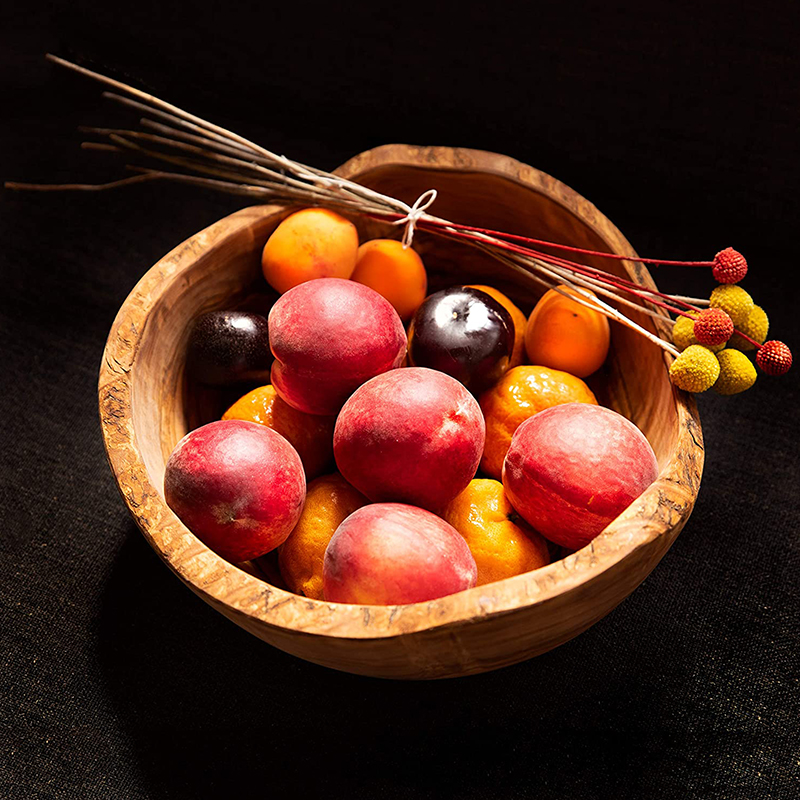 Olive Wood Rustic Fruit Bowl, 9 Inch Wide Olive Wood with Burled Grain and Semi Bark Edge