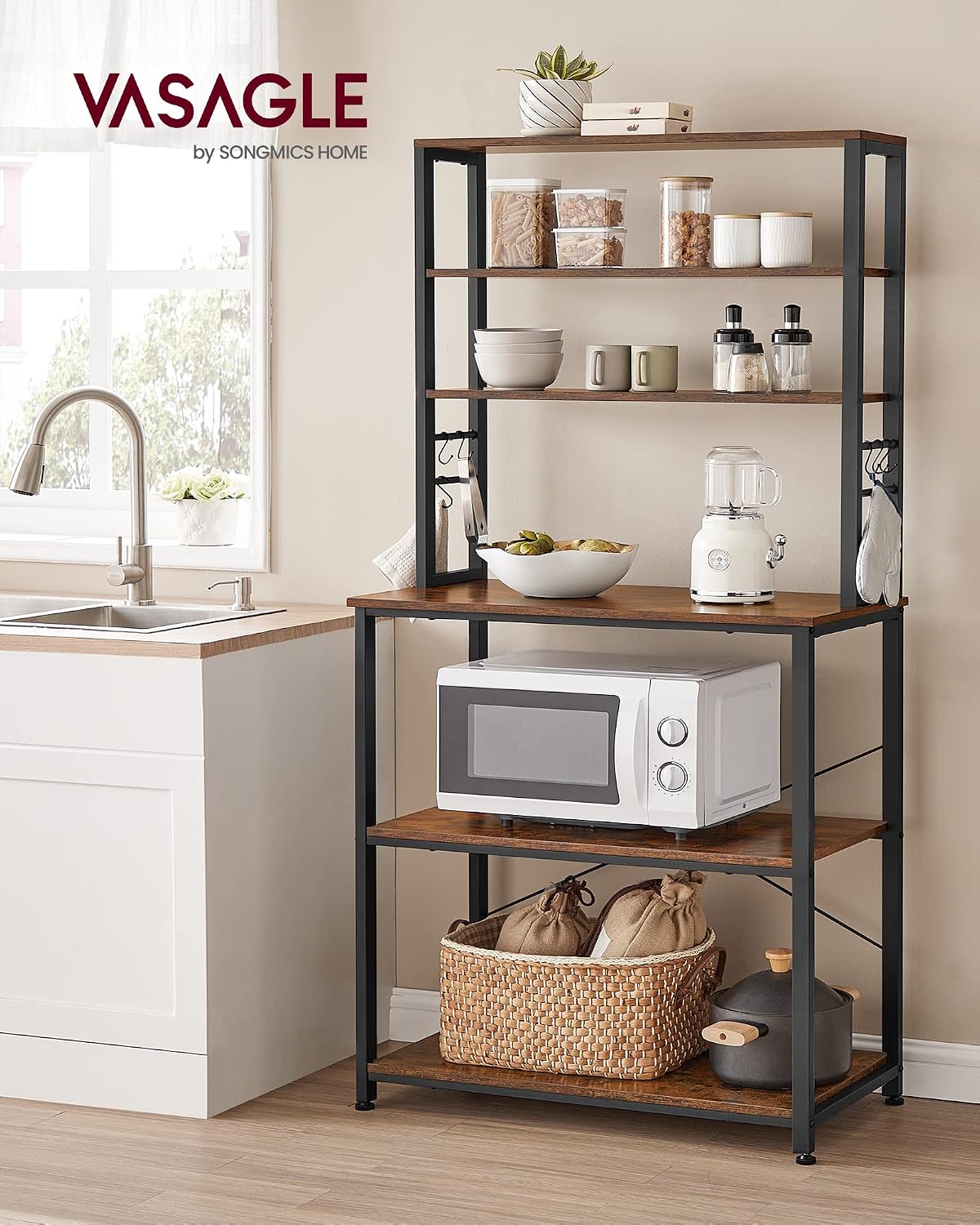 VASAGLE Coffee Bar, 31.5 Inches 6-Tier Baker's Rack with 6 Hooks