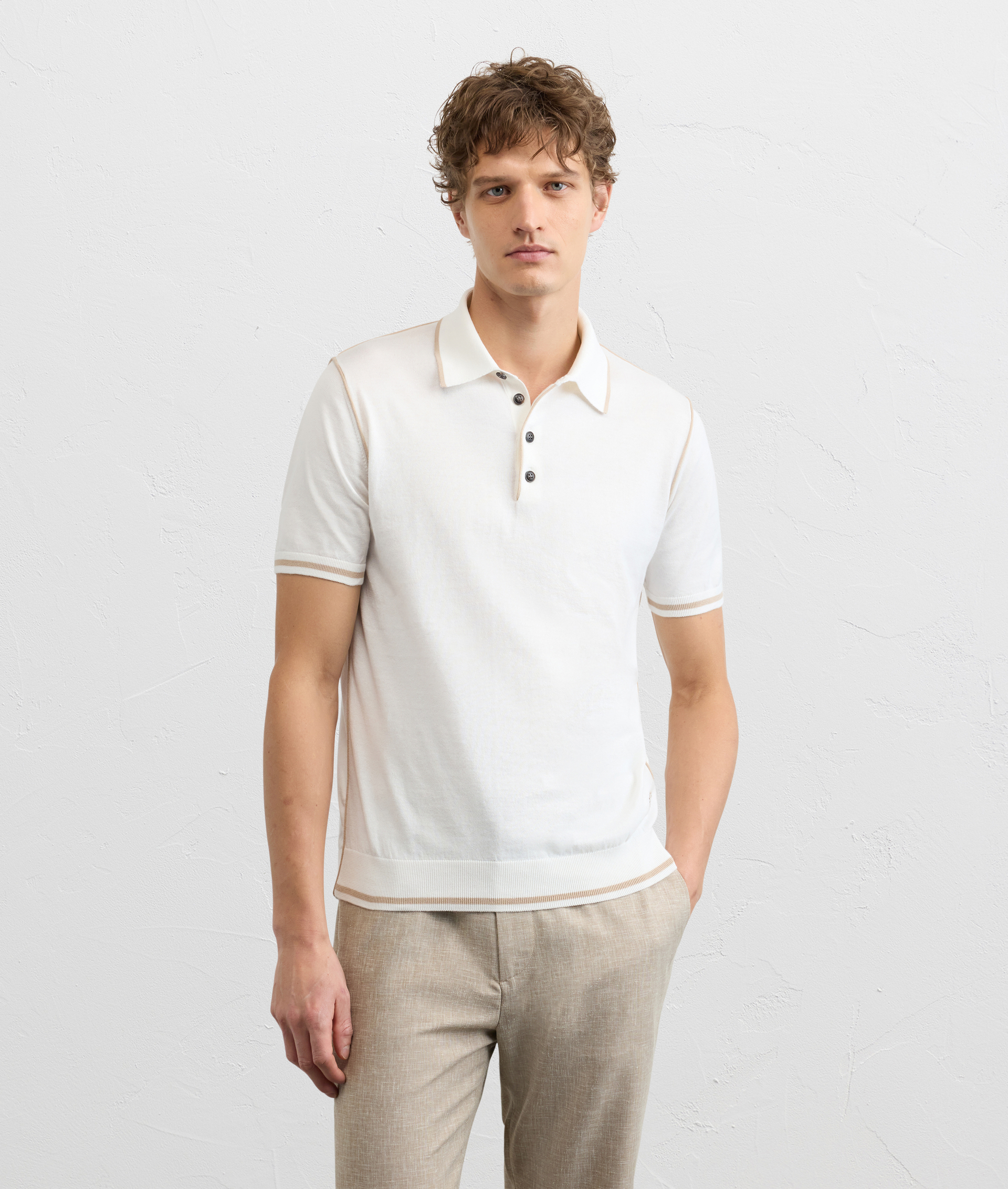 WHITE COTTON SHORT SLEEVED POLO SHIRT WITH CONTRASTING TRIM