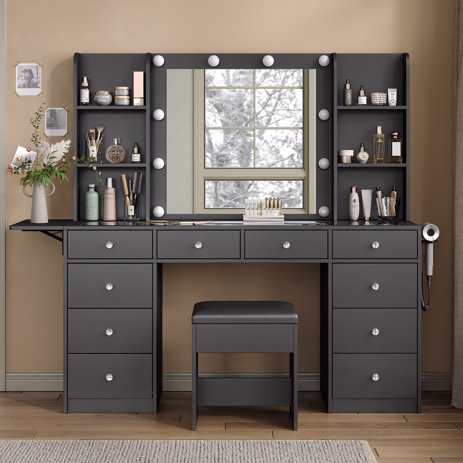 Yanosaku Vanity with Power Outlet, Vanity Desk with Mirror and 10 LED Lights, 10 Drawers Makeup Vanity with 6 Shelves, Fold - up Panel, Vanity Table with Chair for Bedroom